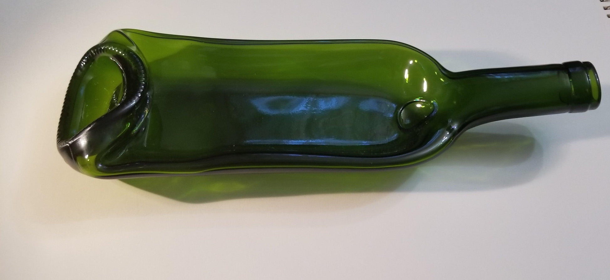 Recycled and upcycled Green slumped wine bottle, deep slump bowl type by Seeds glassworks, Seedsglasworks 