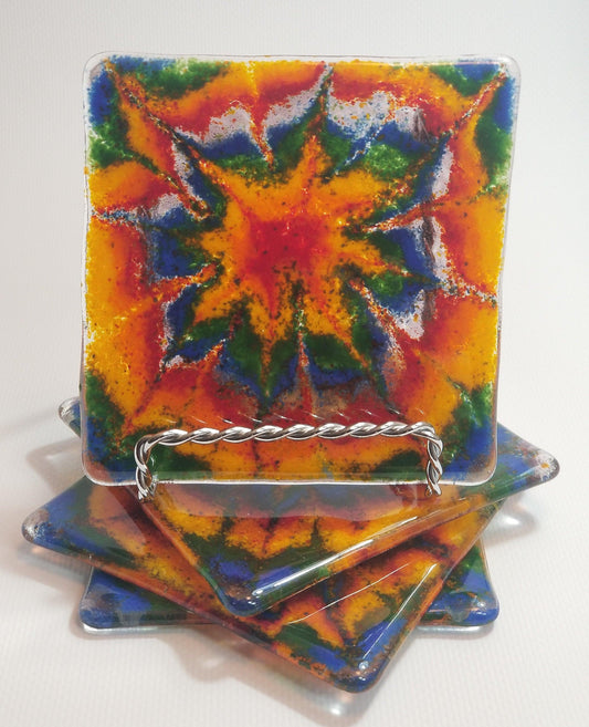 Tie Dye Coasters  Fused Glass , rainbow colors, set of 4 by Seeds Glassworks, seedsglassworks