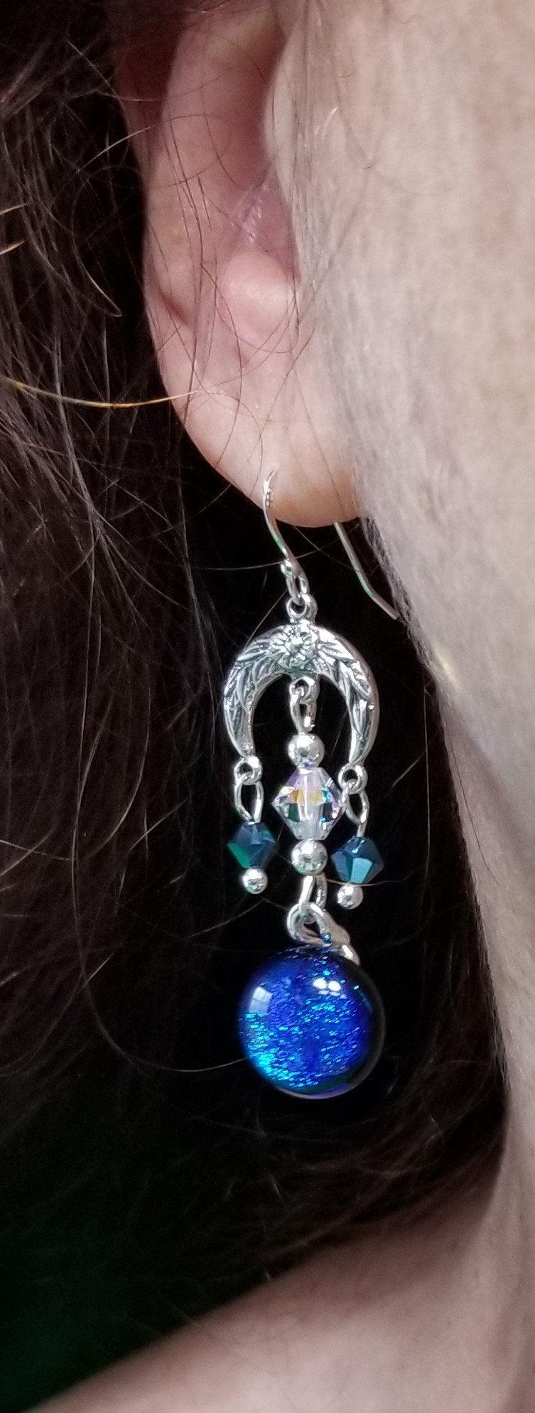 Blue Floral Crescent pireced earrings. Blue dichroic fused glass with Swarovski crystals & sterling silver