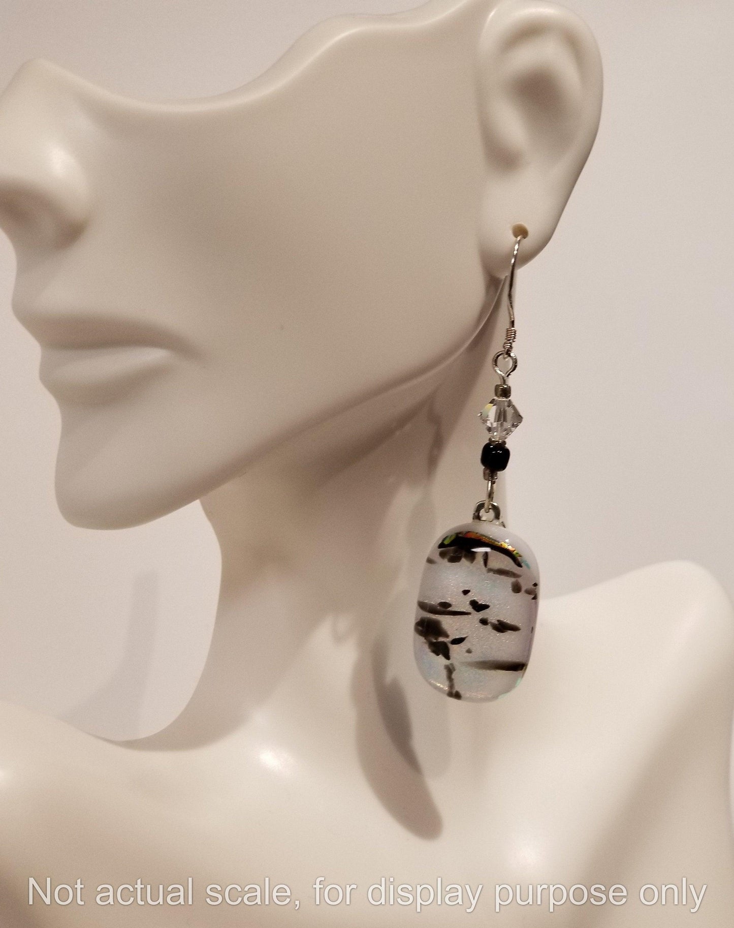 White and Black spotted fused glass jewelry, pierced dangle earrings, silver wire dangle style