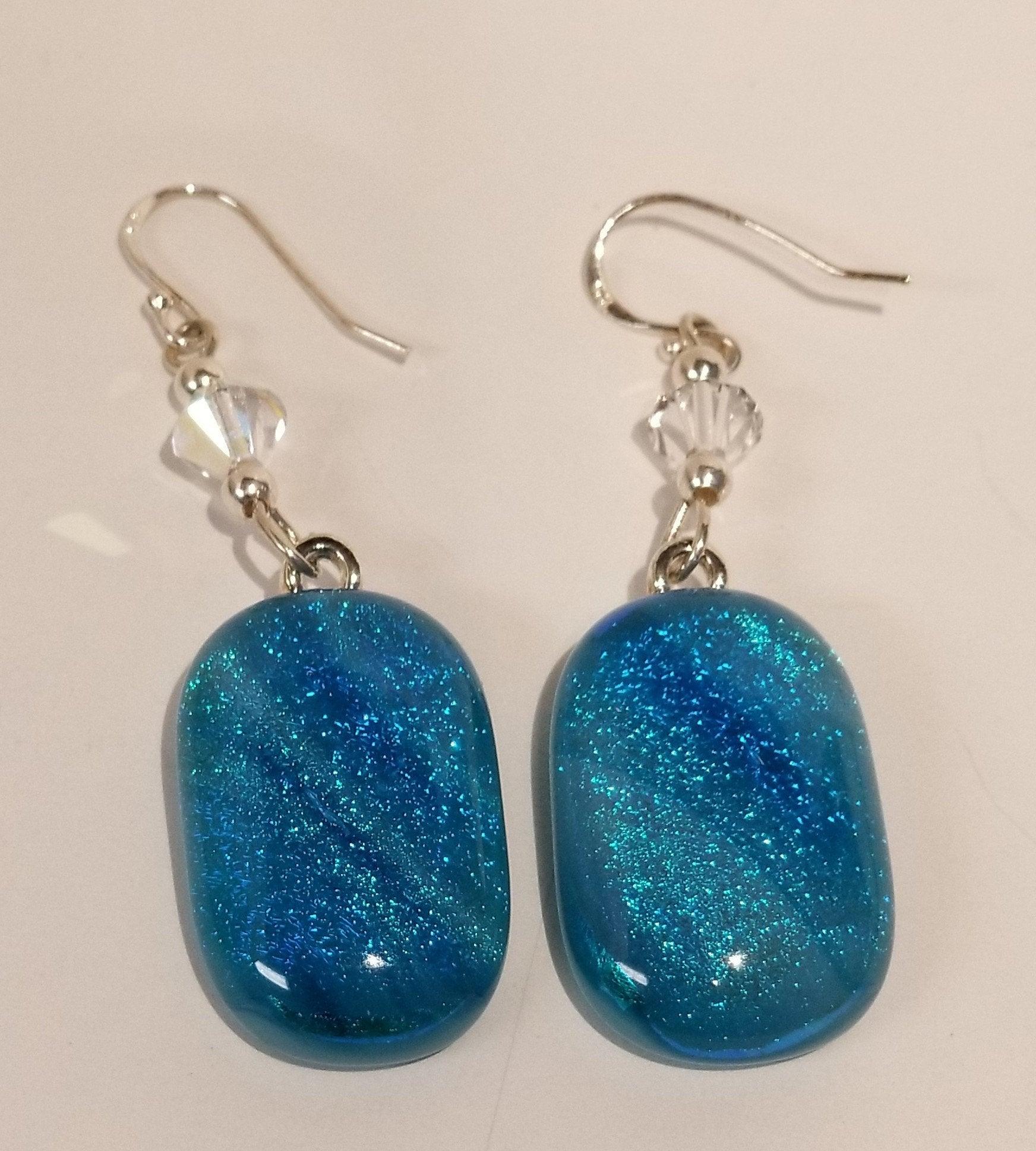 Blue Galaxy sparkle fused glass pierced dangle earrings, silver wire hooks with crystal bead accents