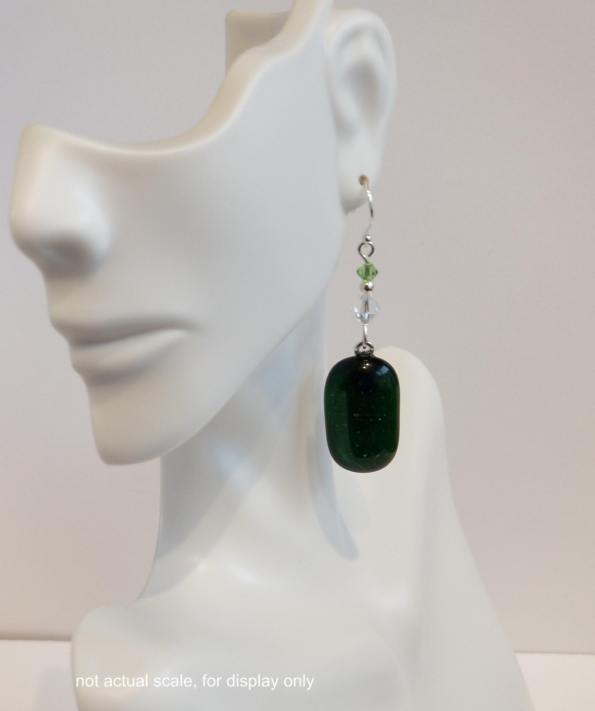Green sparkle fused glass pierced dangle earrings, silver wire , crystal bead accents