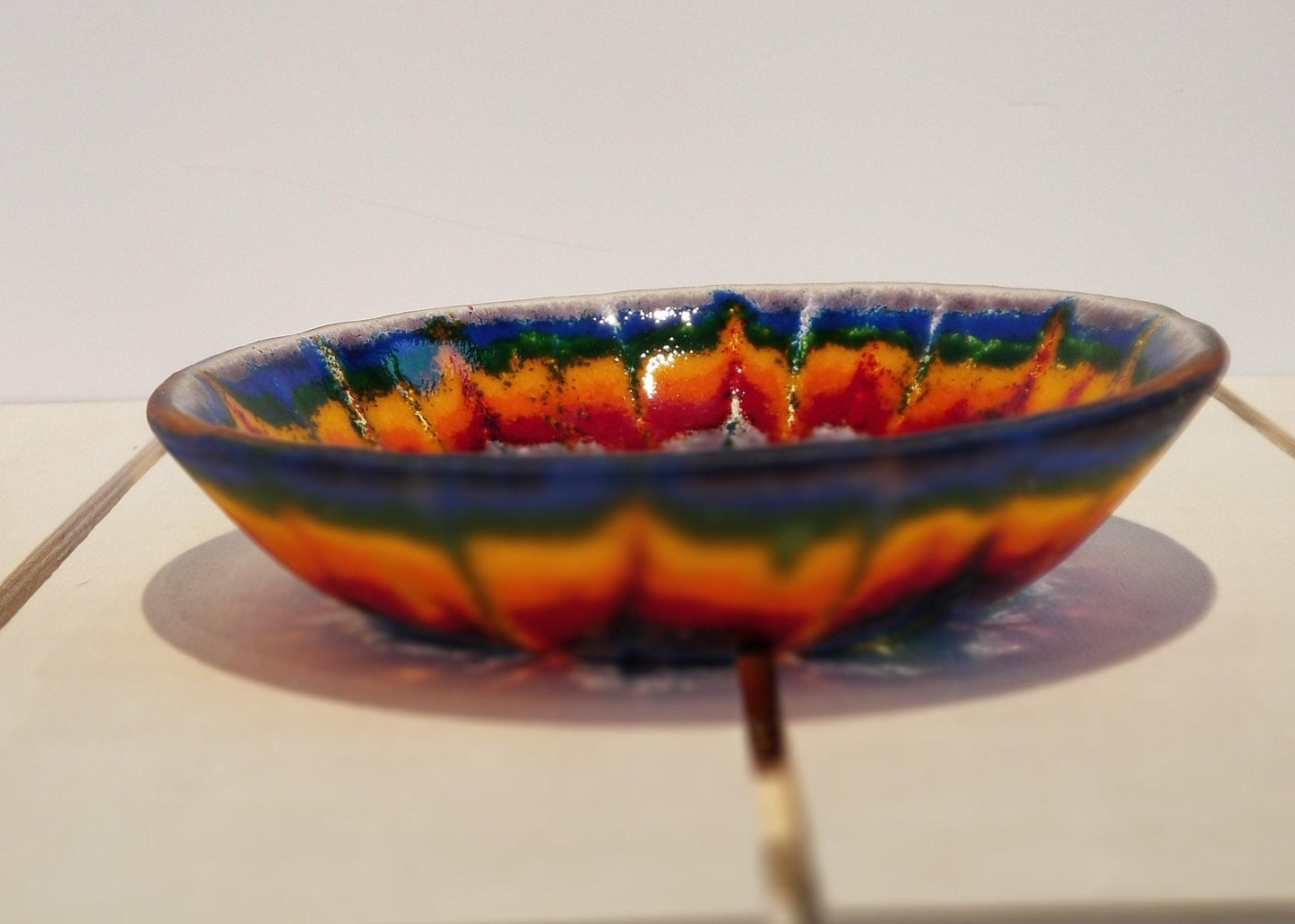 5 inch tie dye look fused glass bowl, vivid rainbow colors