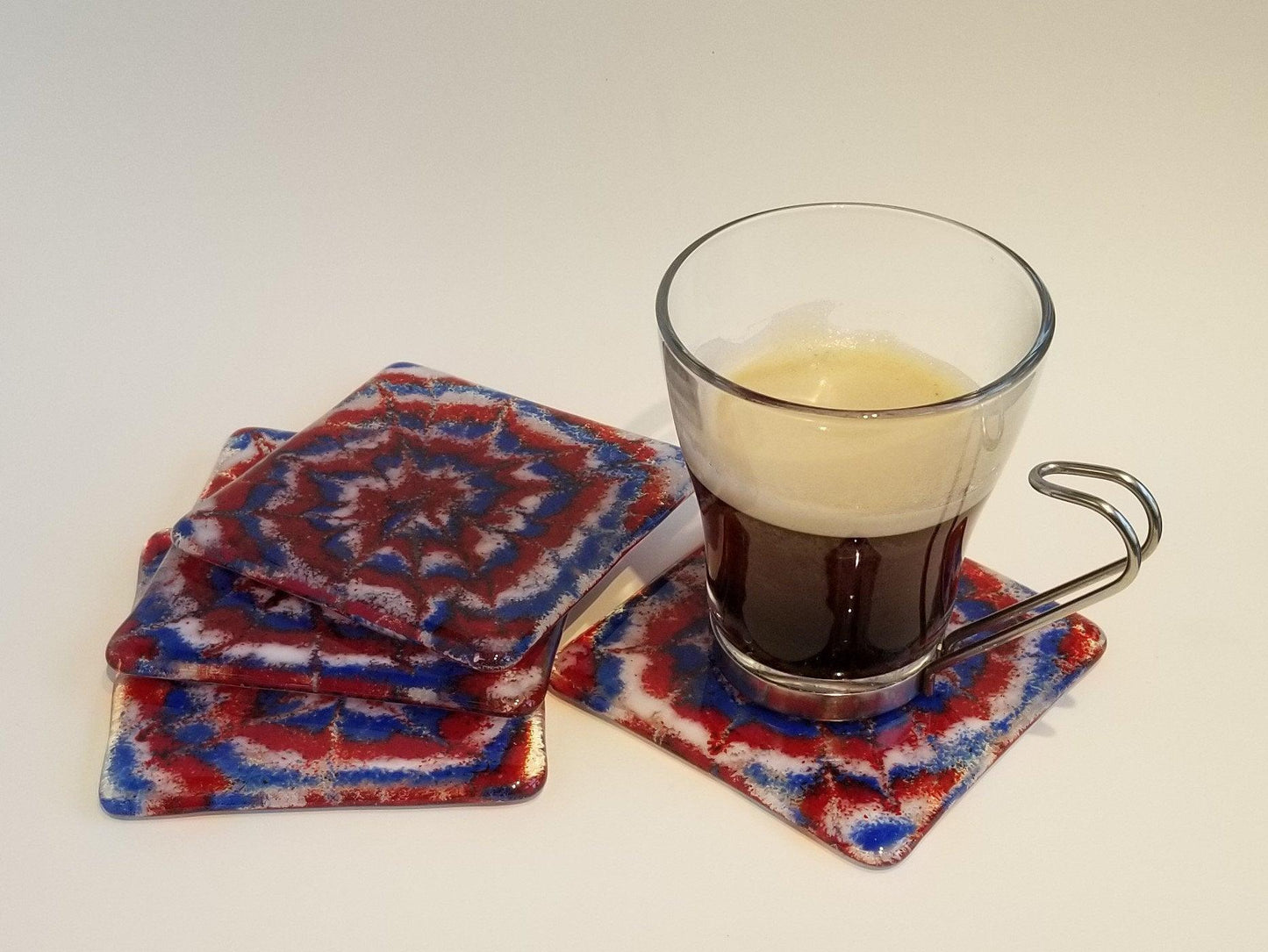 Tie Dye fused glass Coasters, red/white/blue, set of four