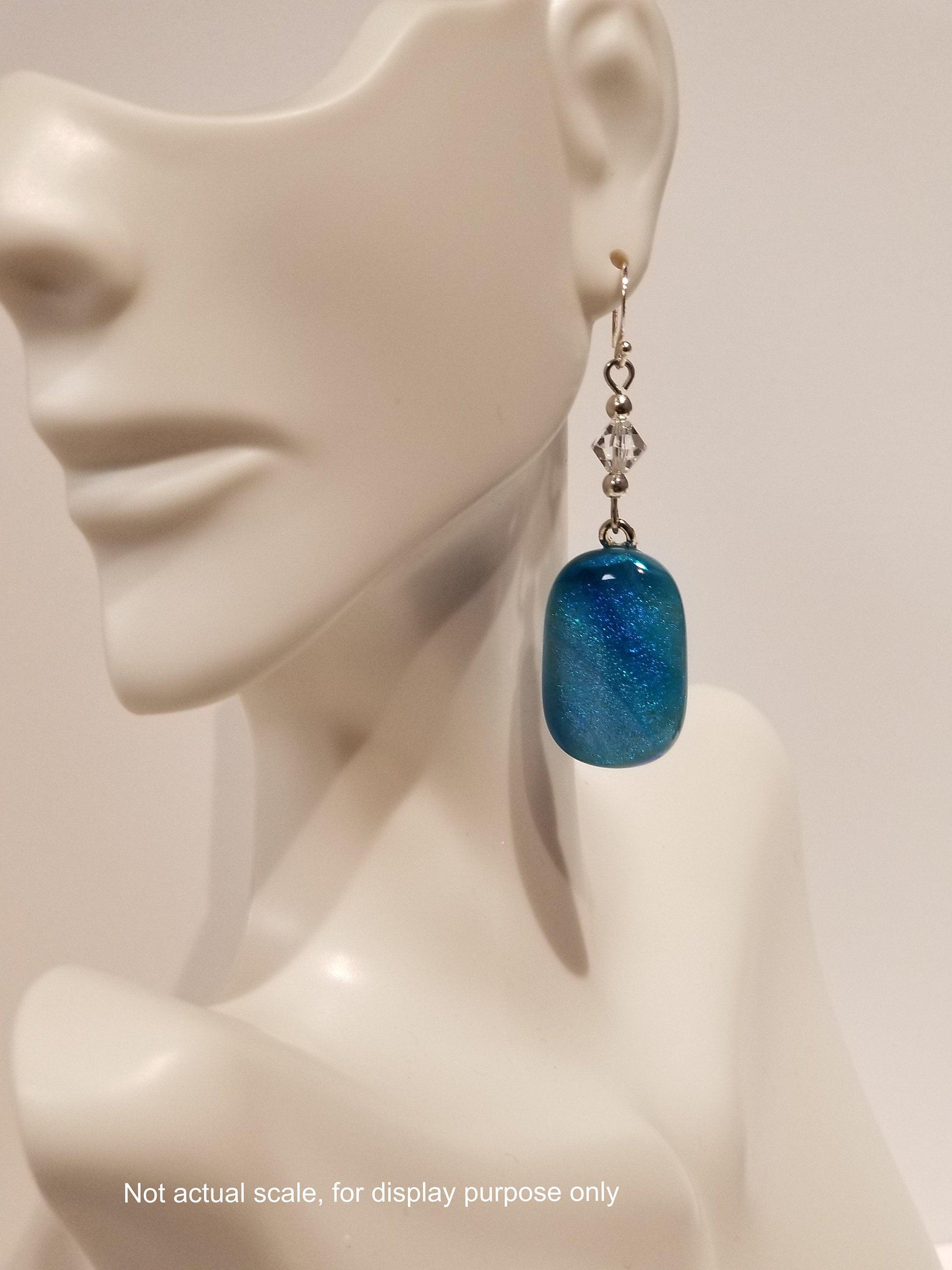 Blue Galaxy sparkle fused glass pierced dangle earrings, silver wire hooks with crystal bead accents