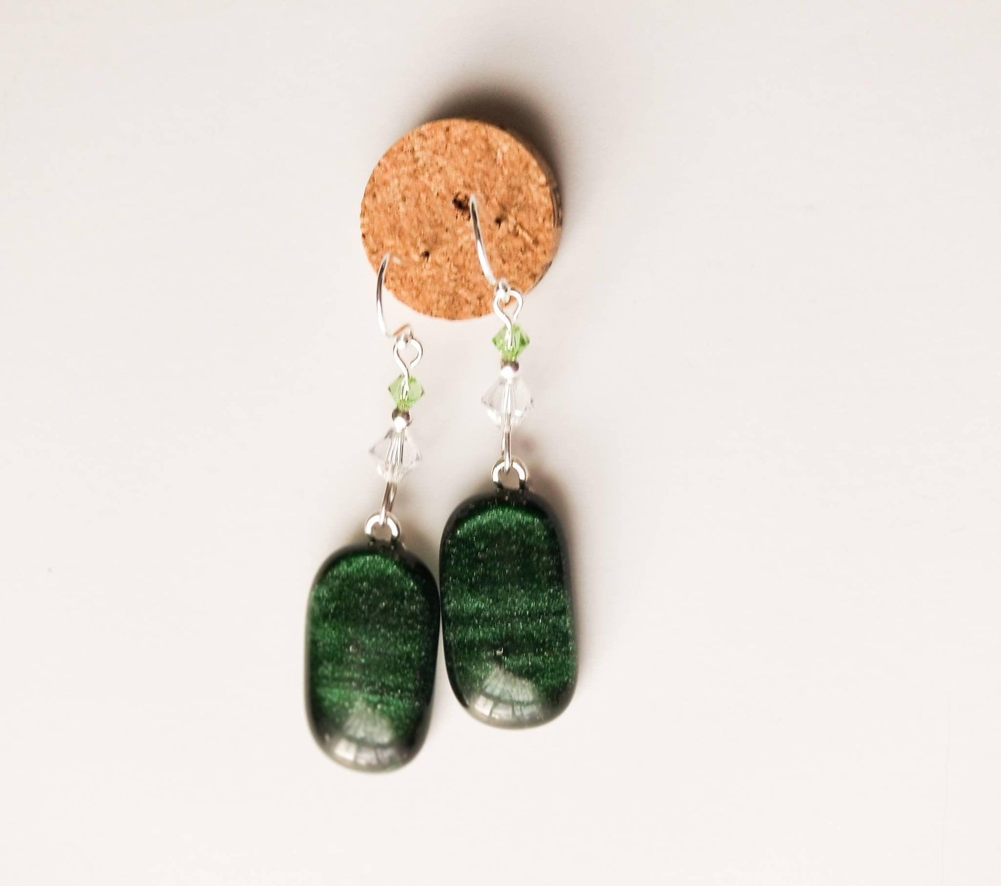 Green sparkle fused glass pierced dangle earrings, silver wire , crystal bead accents