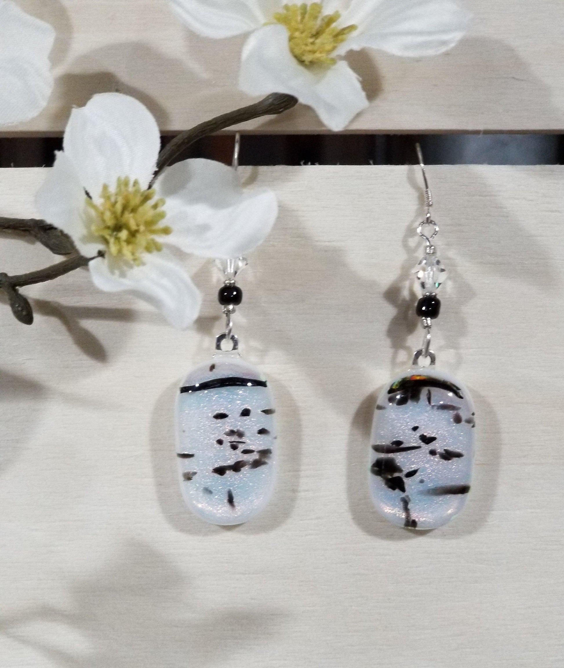 White and Black spotted fused glass jewelry, pierced dangle earrings, silver wire dangle style