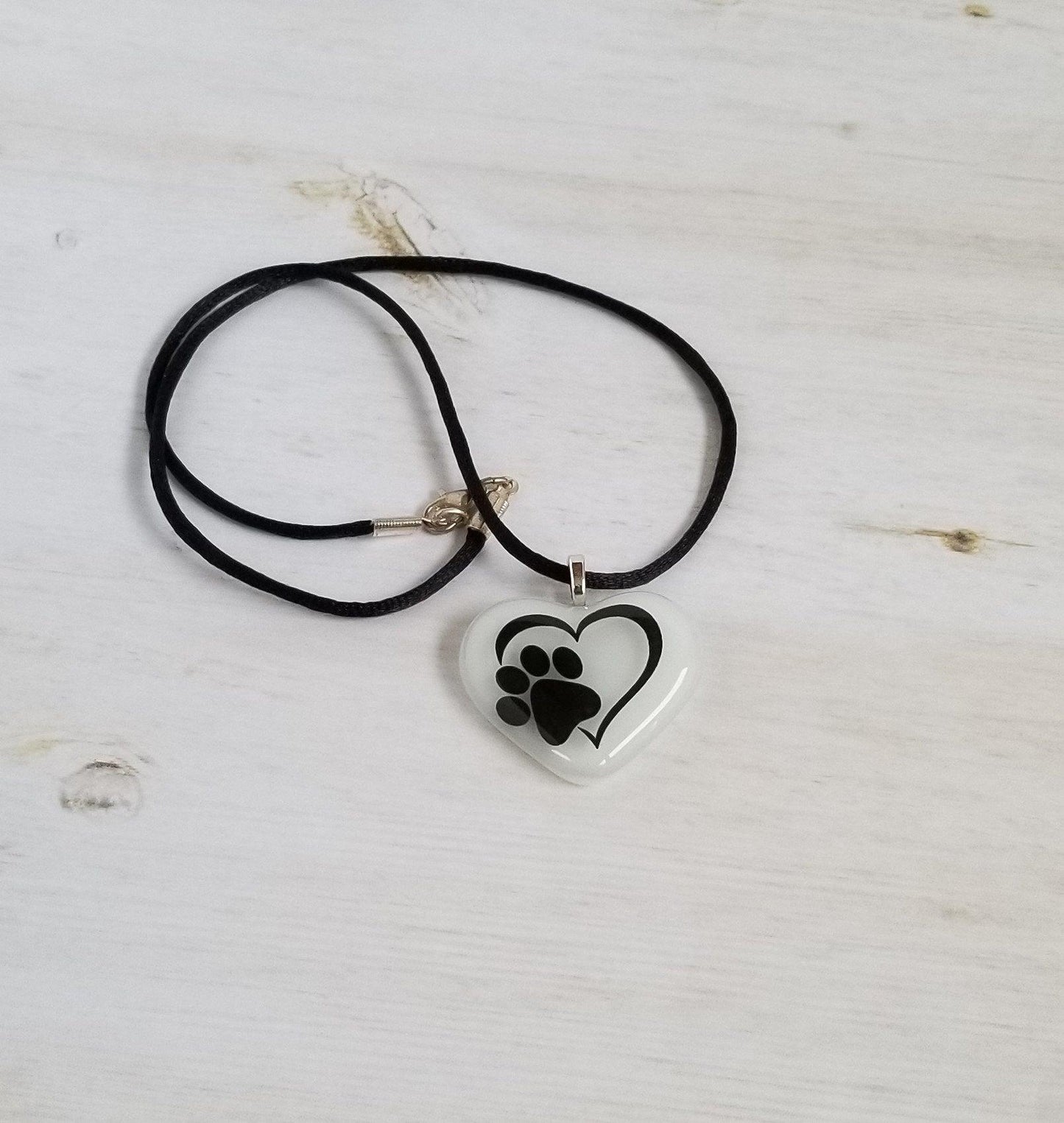 Adorable Animal Paw Print Heart Necklace - White Fused Glass heart on 18 inch Black Cord OR 20 inch steel chain  seeds glassworks seedsglassworks