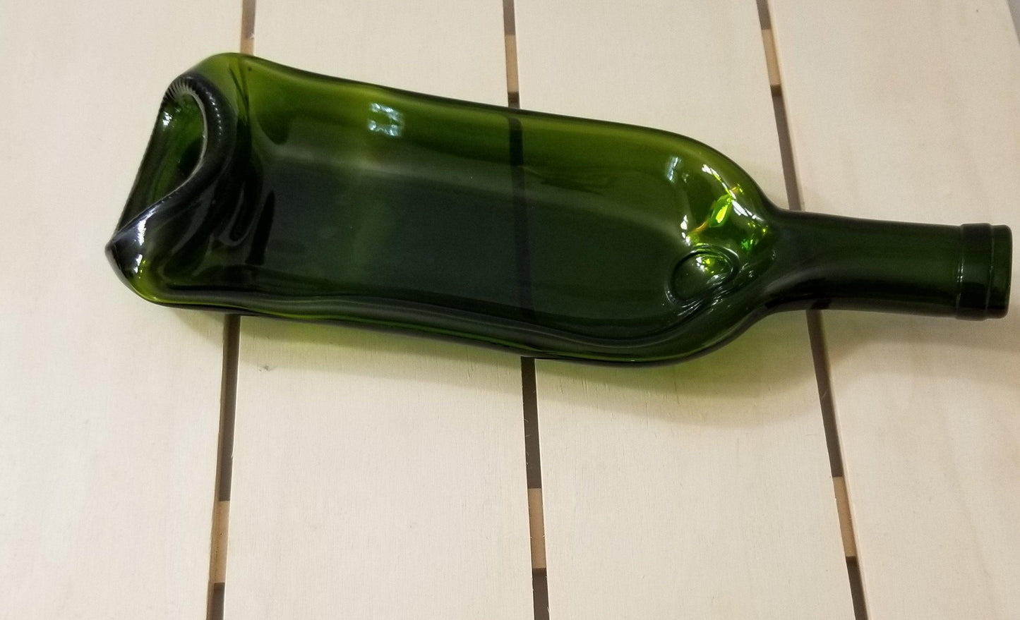 Recycled and upcycled Green slumped wine bottle, deep slump bowl type by Seeds glassworks, Seedsglasworks 