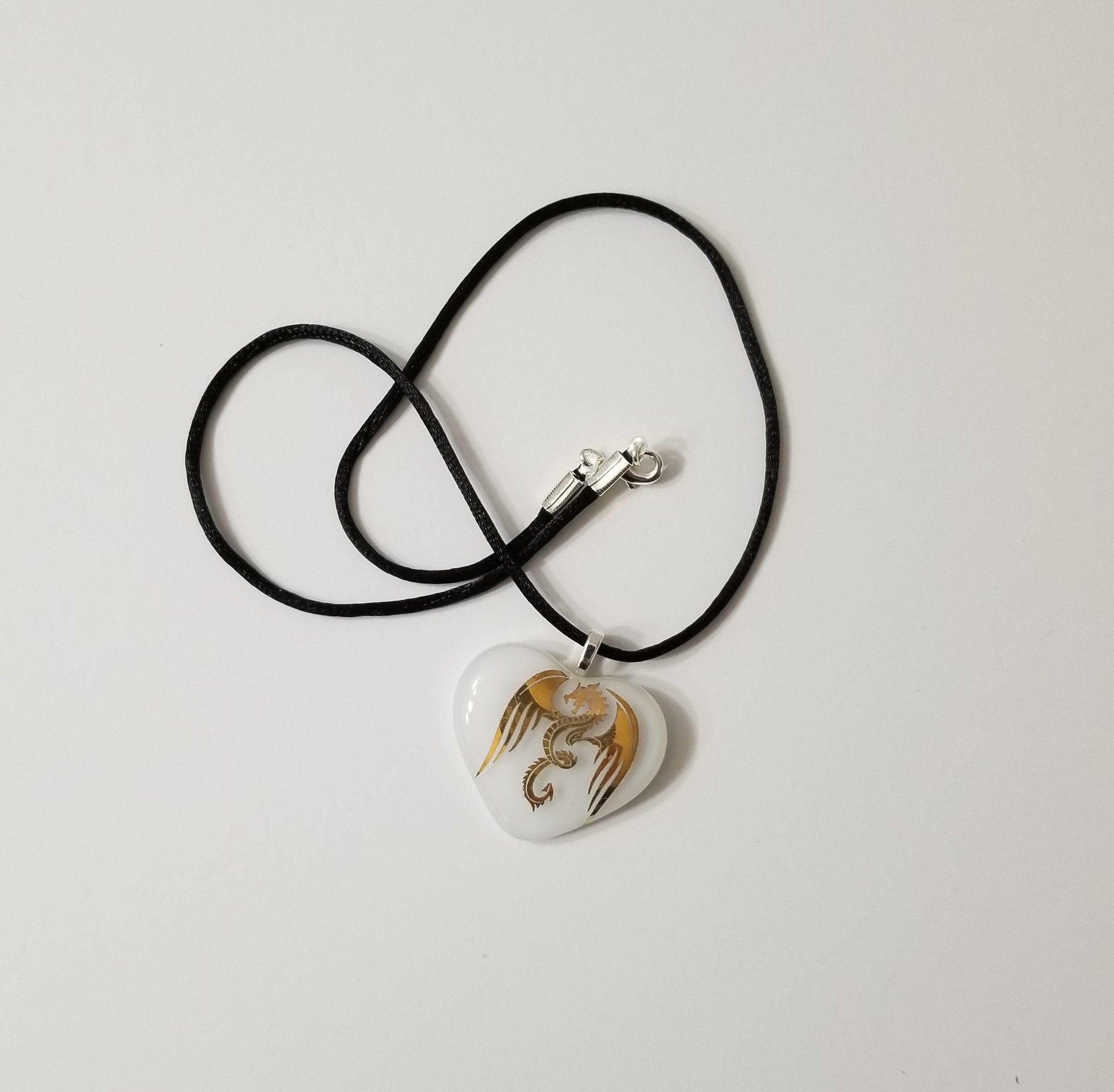 Gold Dragon on White Heart Fused Glass Pendant from seeds glassworks