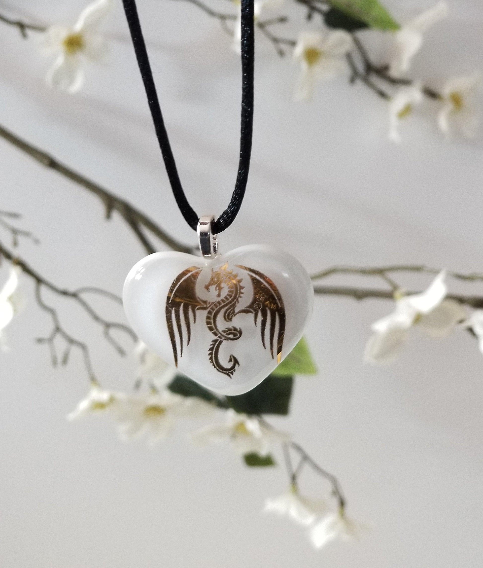 Gold Dragon on White Heart Fused Glass Pendant from seeds glassworks