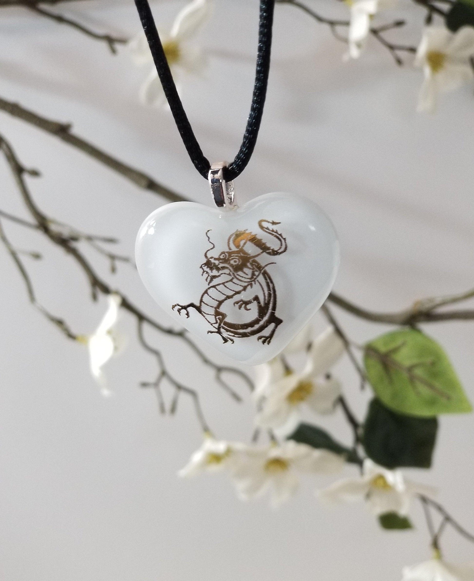 Gold Dragon on White Heart Fused Glass Pendant from seeds glassworks
