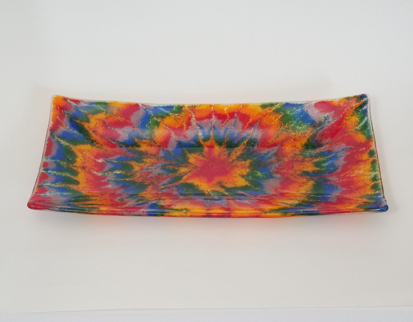 Tie Dye look serving plate fused glass 10 inches, Rainbow Colors, seeds glassworks, seedsglassworks