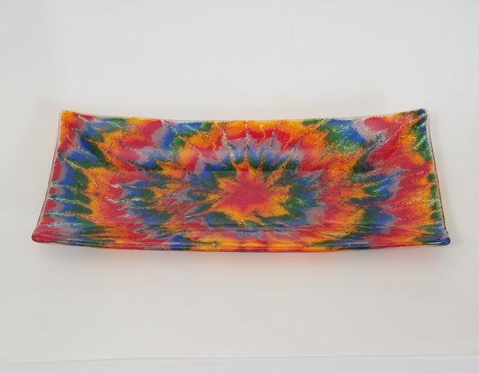 Tie Dye look serving plate fused glass 10 inches, Rainbow Colors, seeds glassworks, seedsglassworks