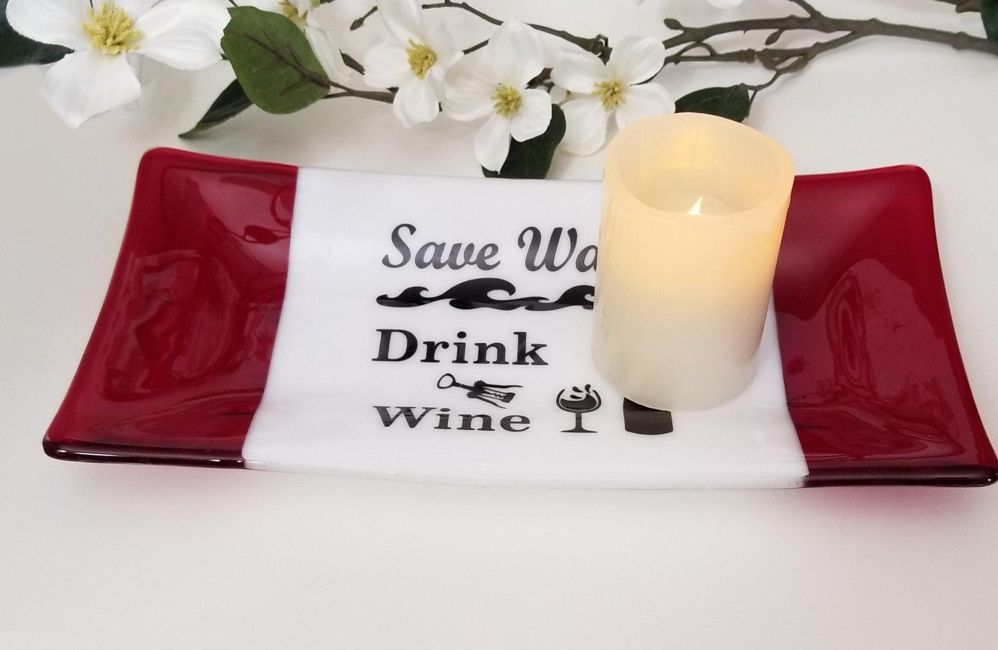 Wine Lover serving plate fused glass 10 inches, red and white