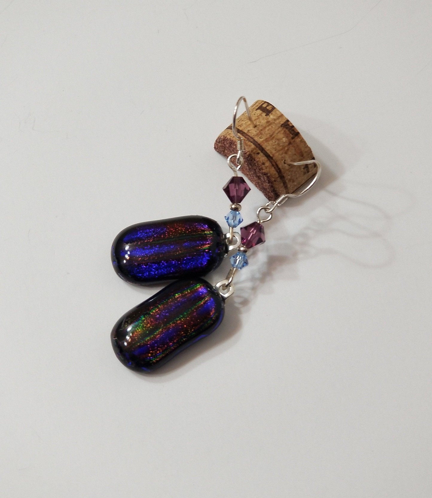 Purple Galaxy sparkle fused glass pierced dangle earrings with sterling silver ear wires