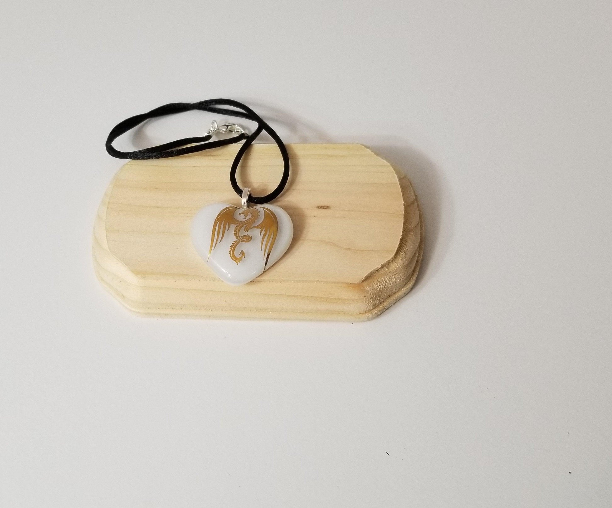 Gold Dragon on White Heart Fused Glass Pendant from seeds glassworks