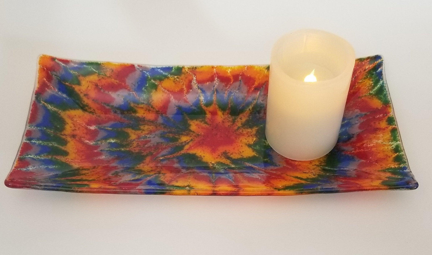 Tie Dye look serving plate fused glass 10 inches, Rainbow Colors