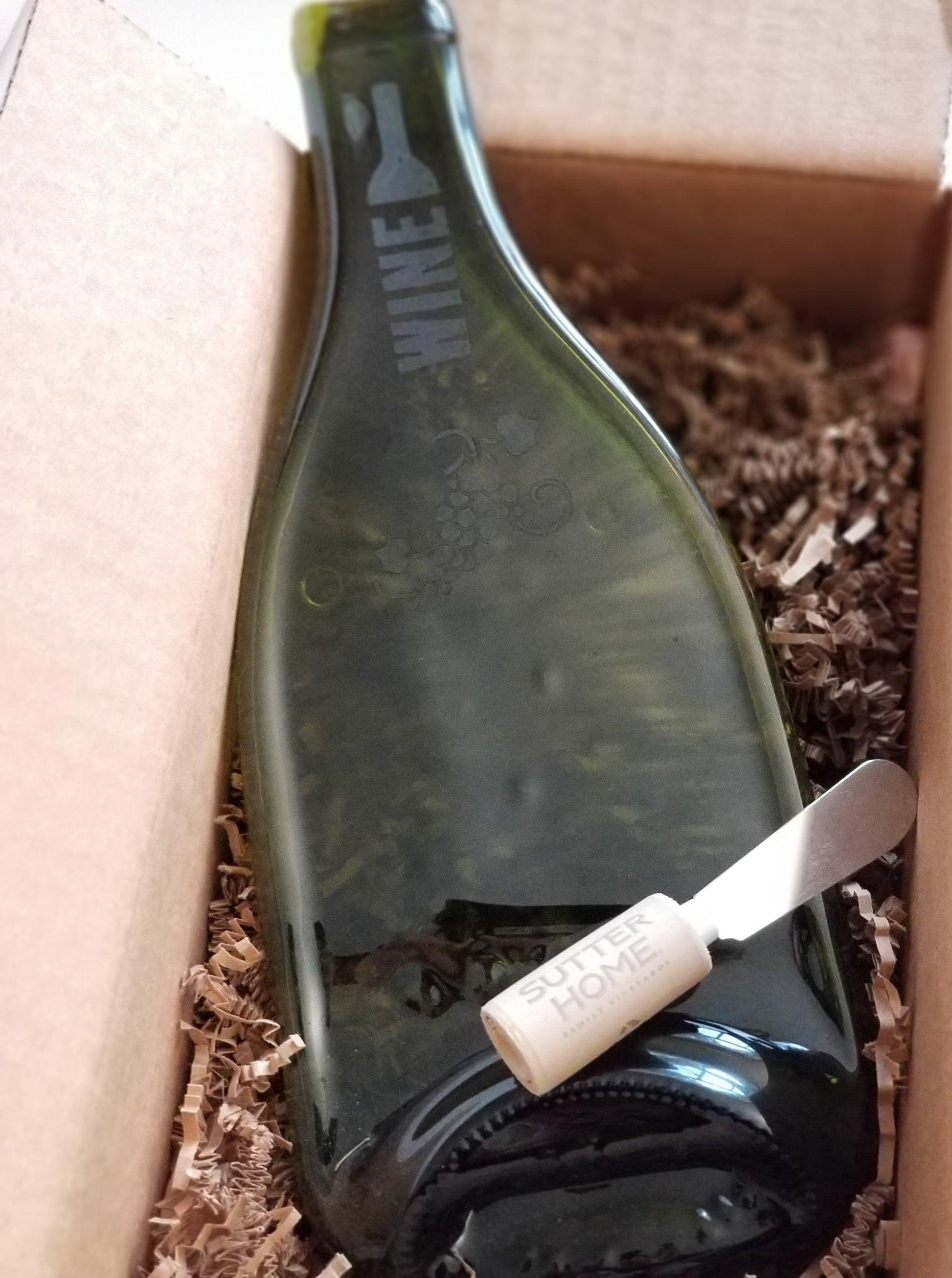 Recycled melted wine bottle cheese plate board with etched Wine and Grape pattern from seeds glassworks