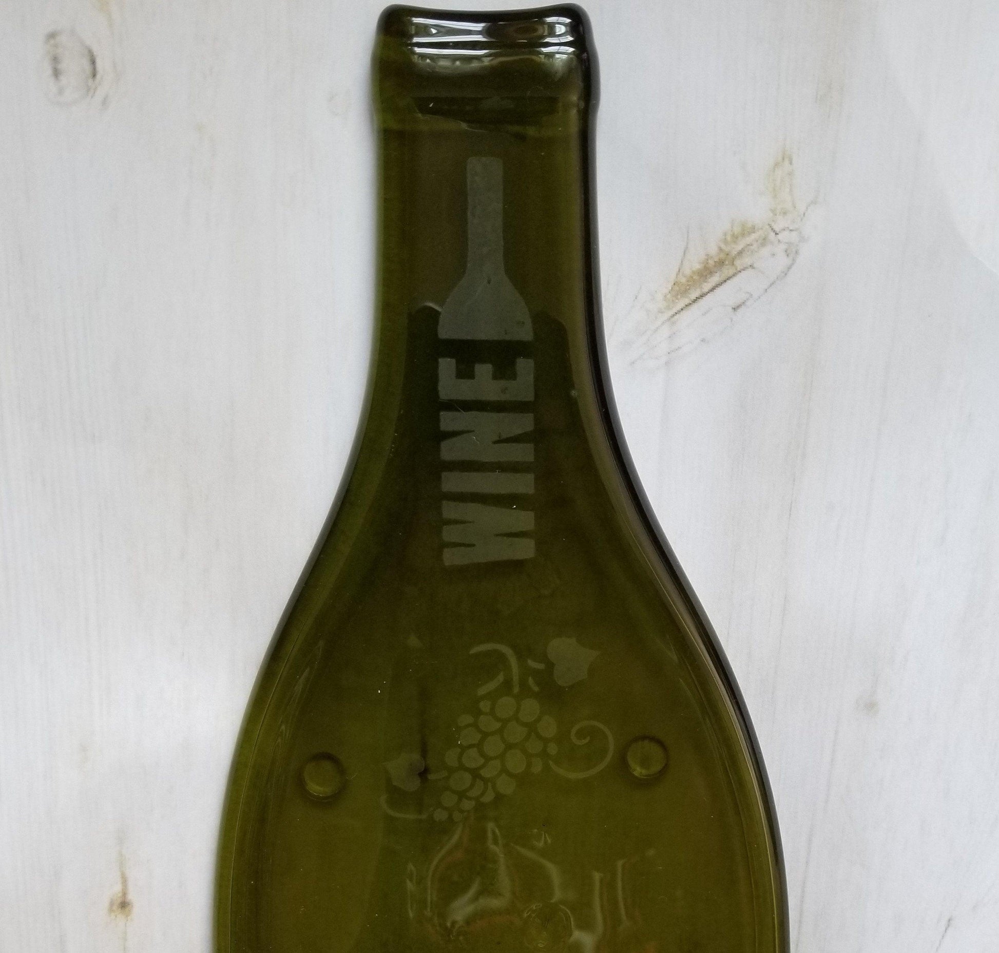 Recycled melted wine bottle cheese plate board with etched Wine and Grape pattern from seeds glassworks