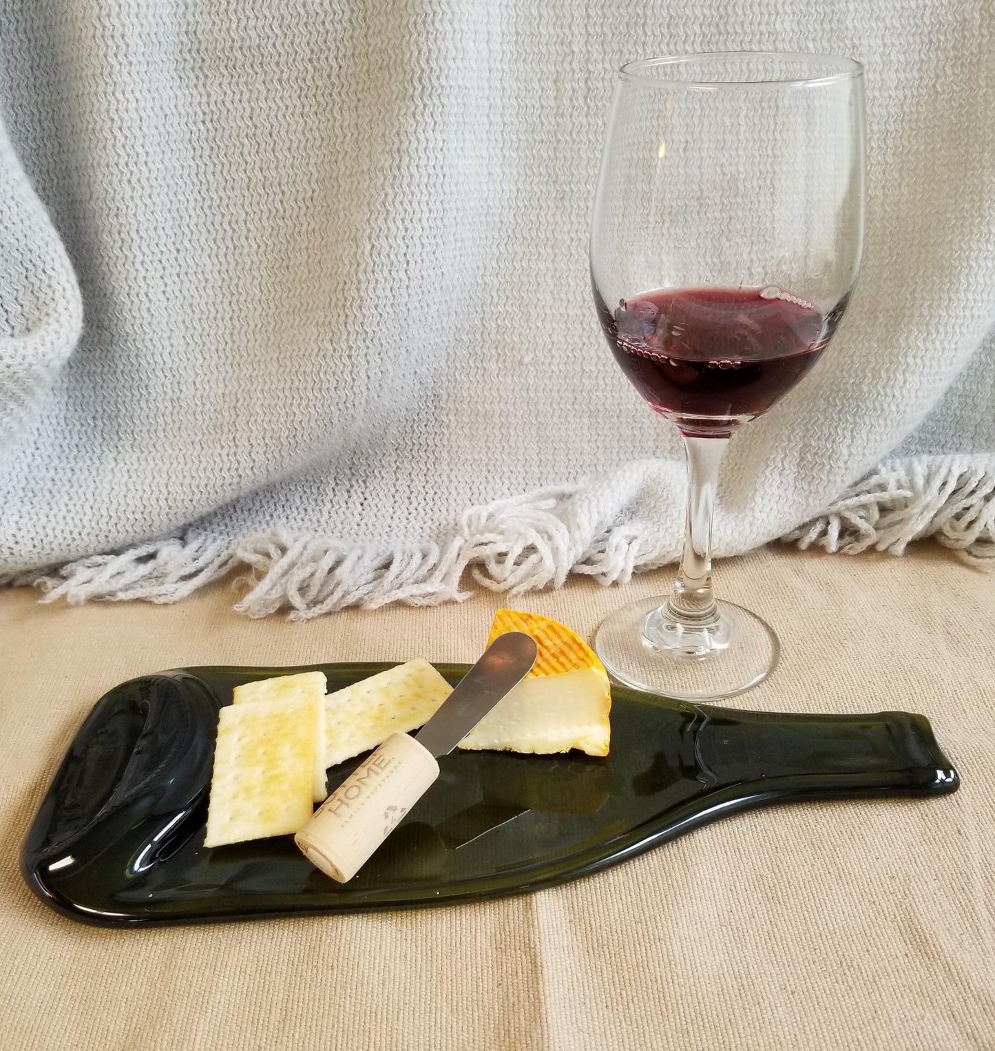 Recycled melted wine bottle cheese plate board with etched Wine and Grape pattern from seeds glassworks