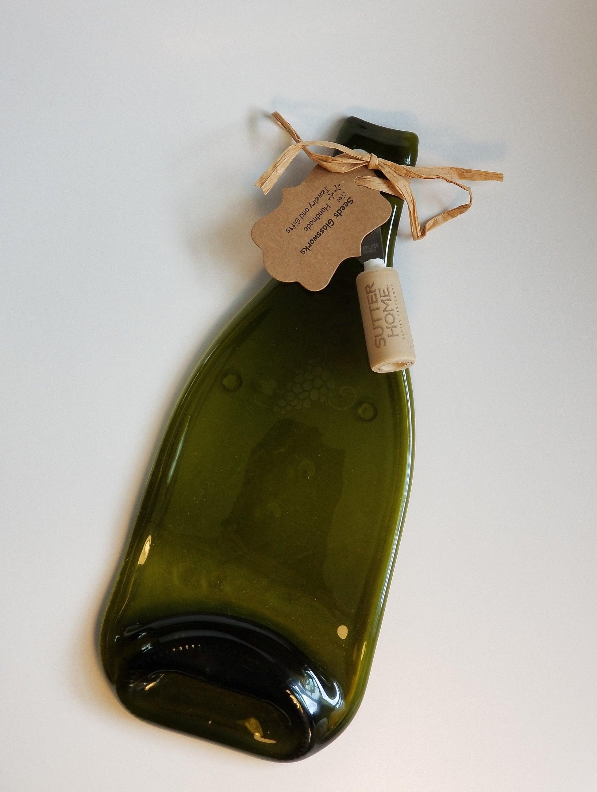 Recycled melted wine bottle cheese plate board with etched Wine and Grape pattern from seeds glassworks
