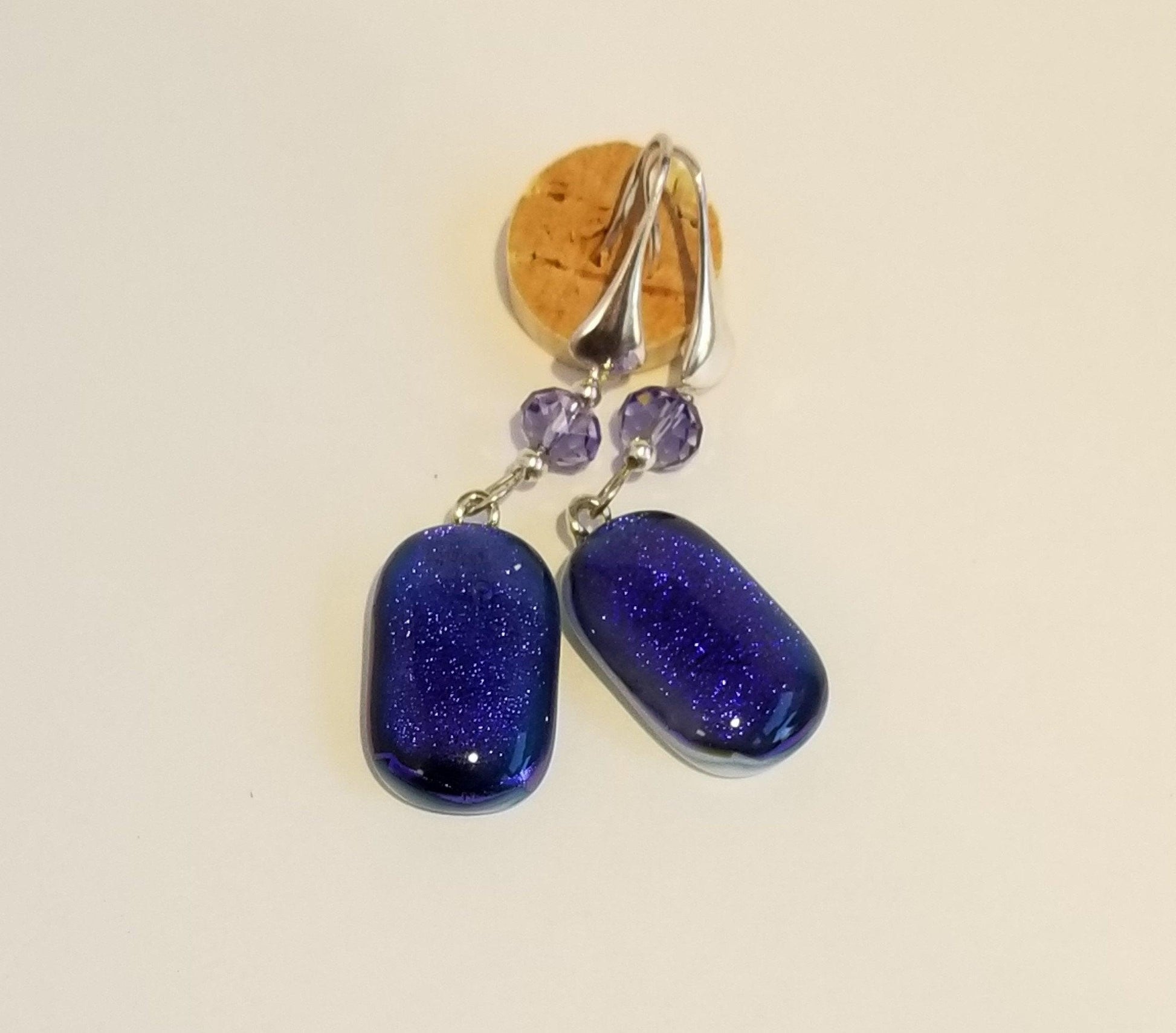 Purple sparkle fused glass pierced dangle earrings with sterling silver ear wires from seeds glassworks