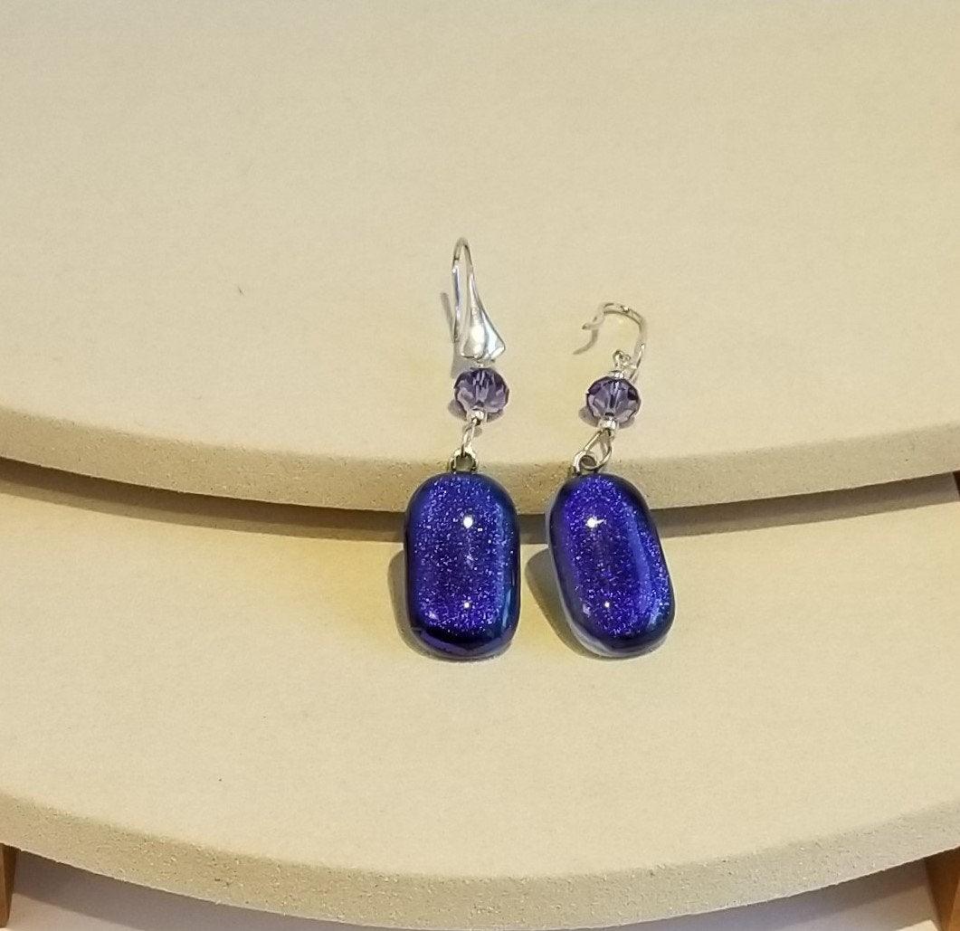 Purple sparkle fused glass pierced dangle earrings with sterling silver ear wires from seeds glassworks
