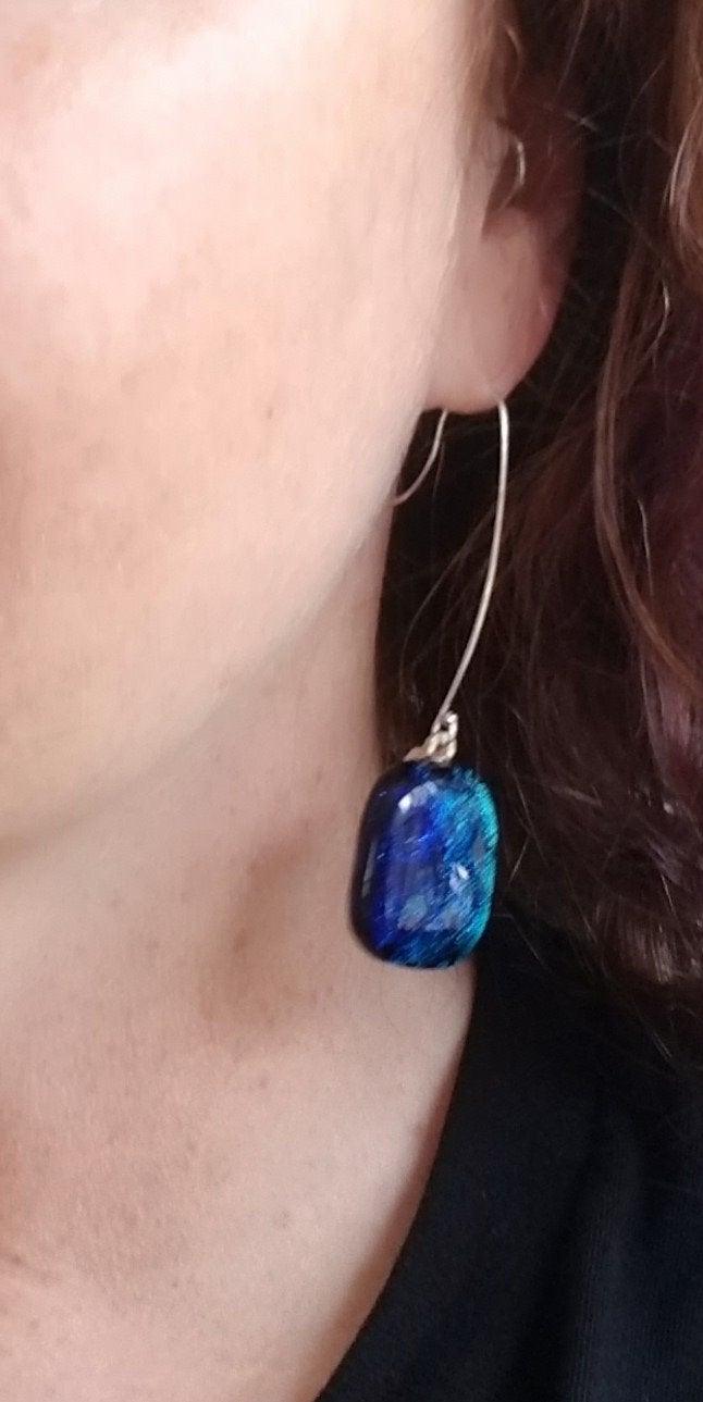 Dark Blue Drop  Fused Glass Pierced Earrings Sterling Silver. From Seeds Glassworks