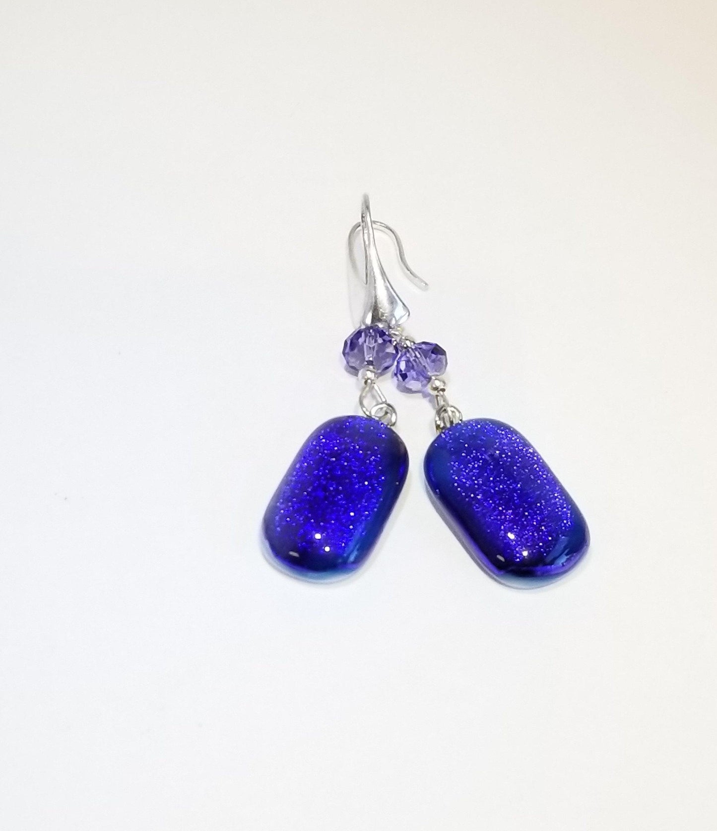 Purple sparkle fused glass pierced dangle earrings with sterling silver ear wires from seeds glassworks
