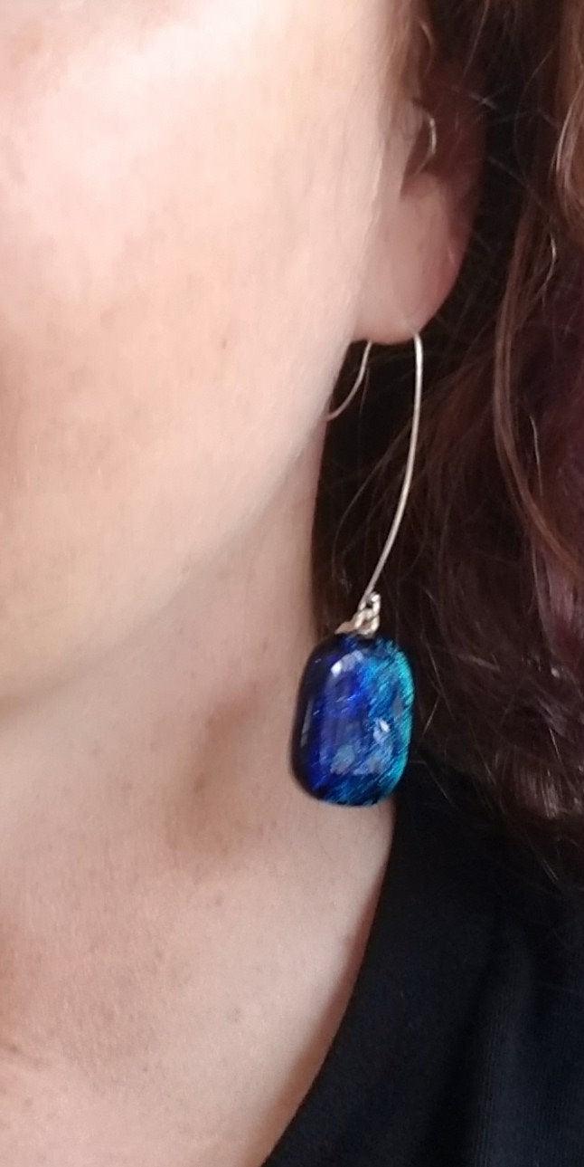 Blue Drop  Fused Glass Pierced Earrings Sterling Silver. from Seeds Glassworks