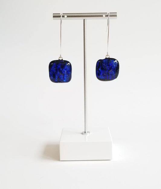 Dark Blue Drop  Fused Glass Pierced Earrings Sterling Silver. From Seeds Glassworks