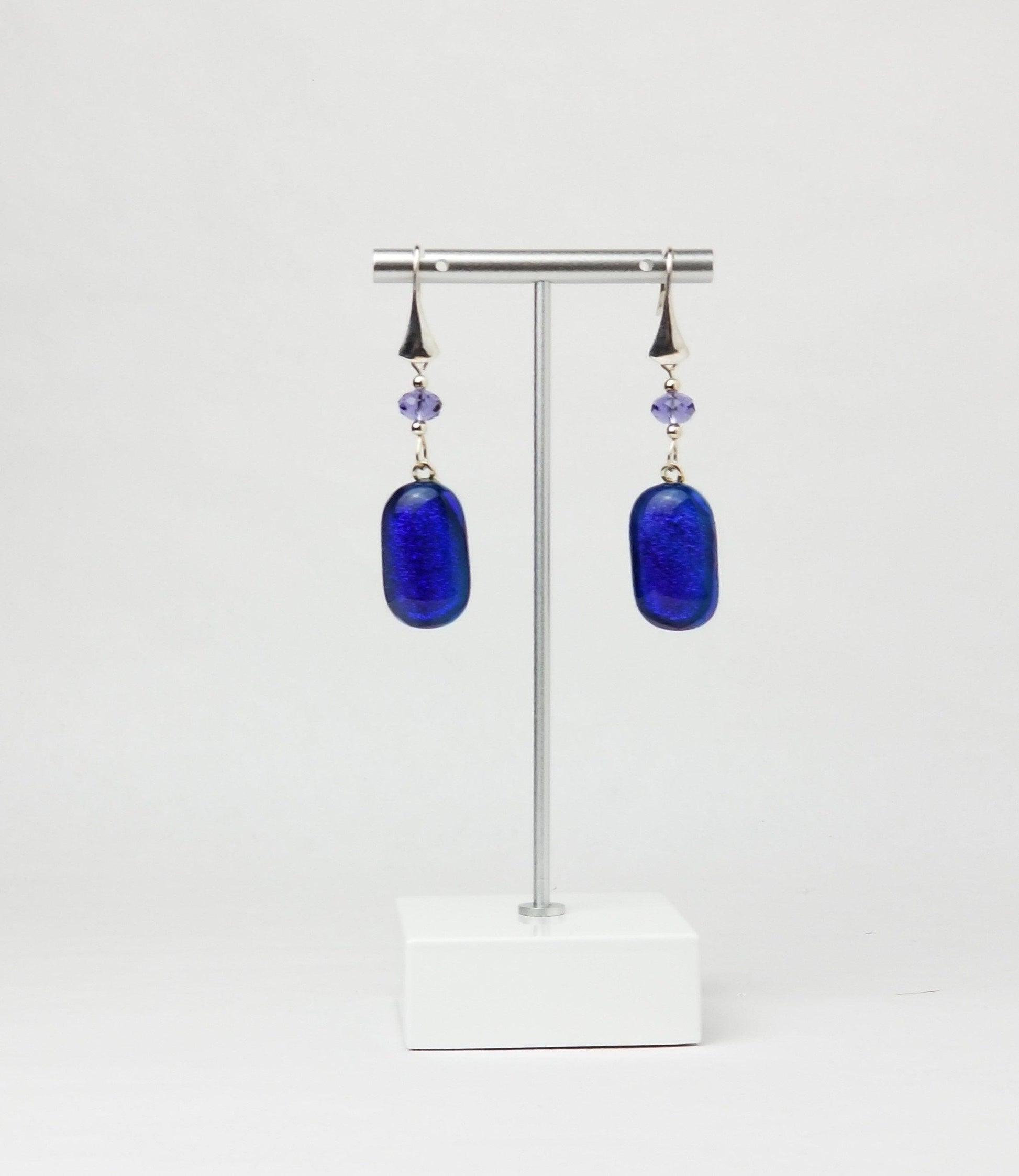 Purple sparkle fused glass pierced dangle earrings with sterling silver ear wires from seeds glassworks