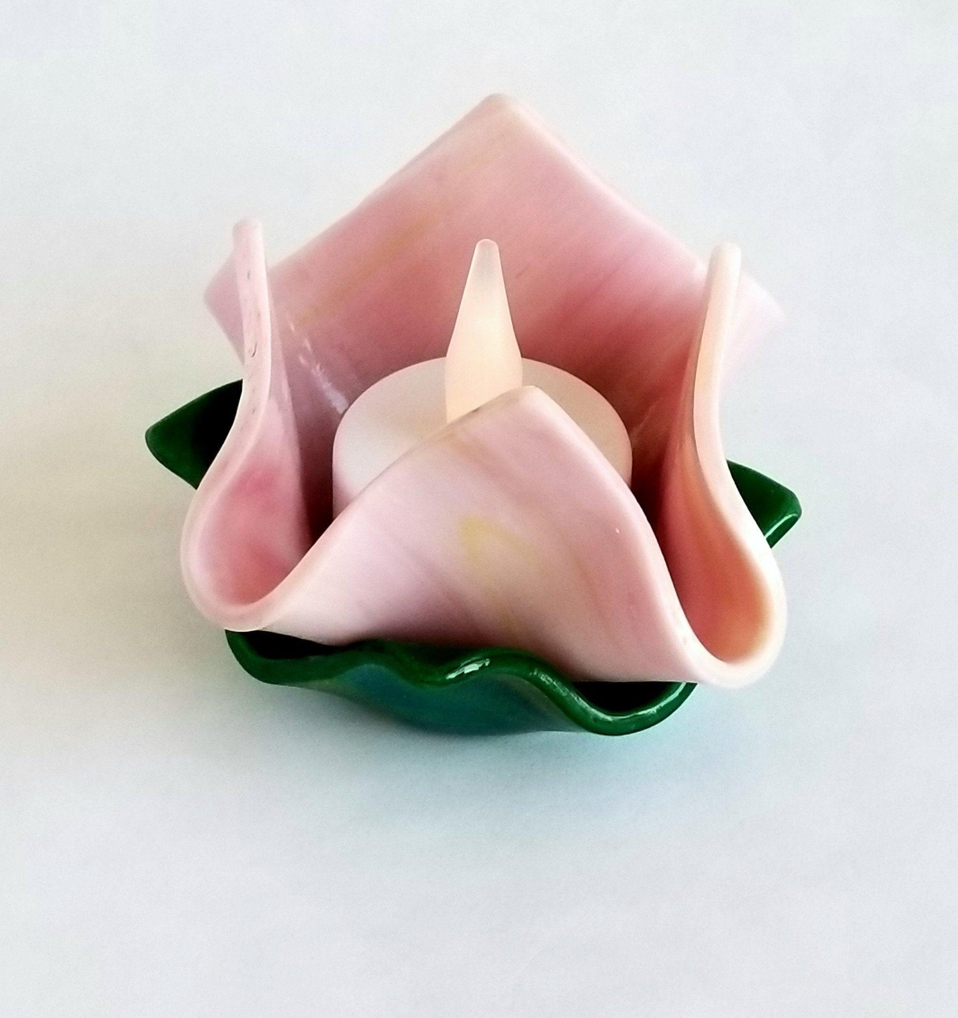 Premium Fused Glass Flower tea light candle holder with battery operated votive candle. Seeds Glassworks seedsglassworks