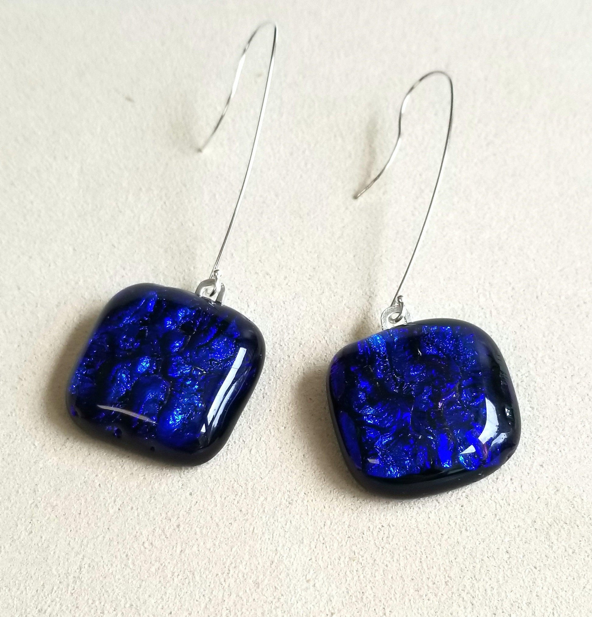 Dark Blue Drop  Fused Glass Pierced Earrings Sterling Silver. From Seeds Glassworks
