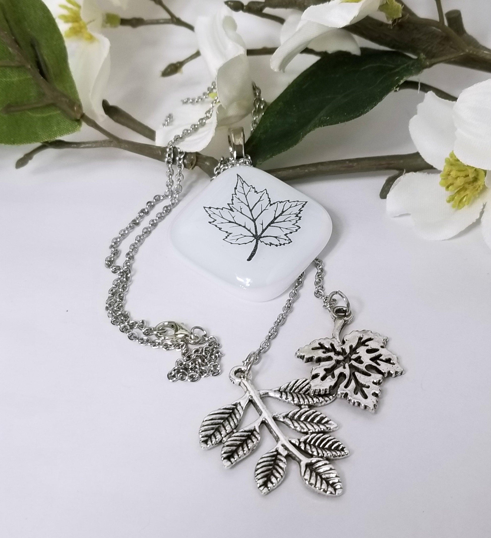 Maple Leaf Nature Necklace, Fused Glass and Stainless steel chain and leaves from seeds glassworks