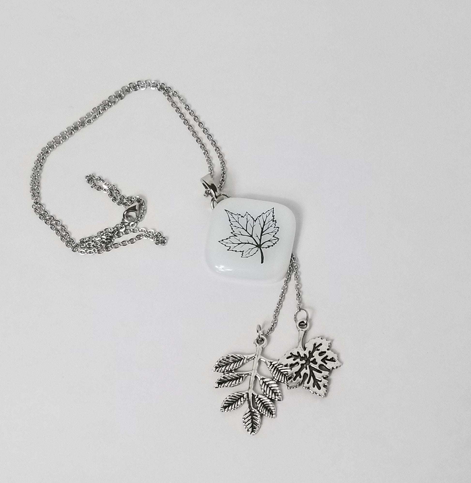 Maple Leaf Nature Necklace, Fused Glass and Stainless steel chain and leaves from seeds glassworks