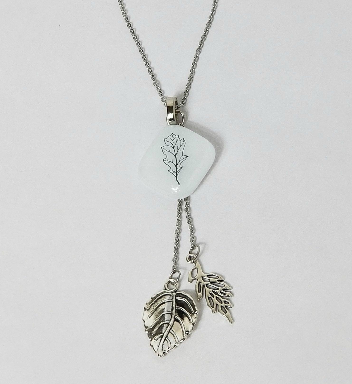 Oak Leaf Nature Necklace, Fused Glass and Stainless steel chain and leaves from seeds glassworks