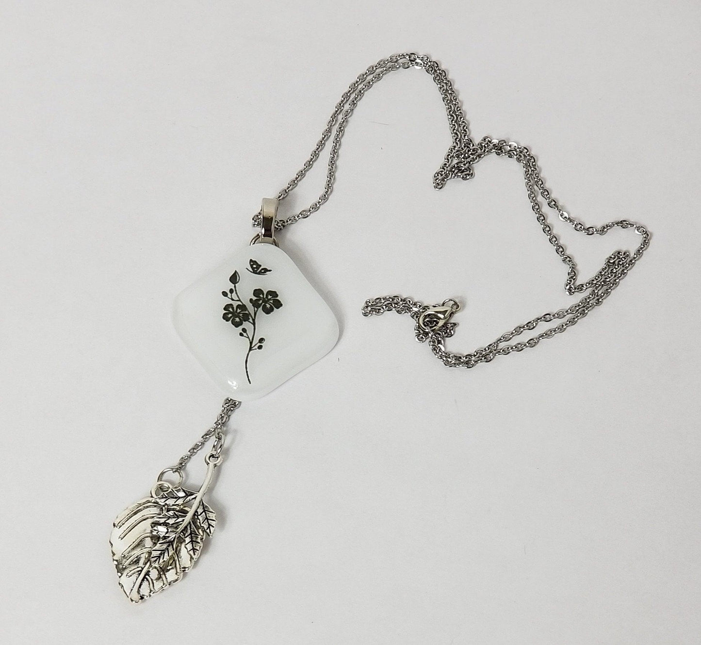 Flower Stem Nature Necklace, Fused Glass and Stainless steel chain and leaves from seeds glassworks