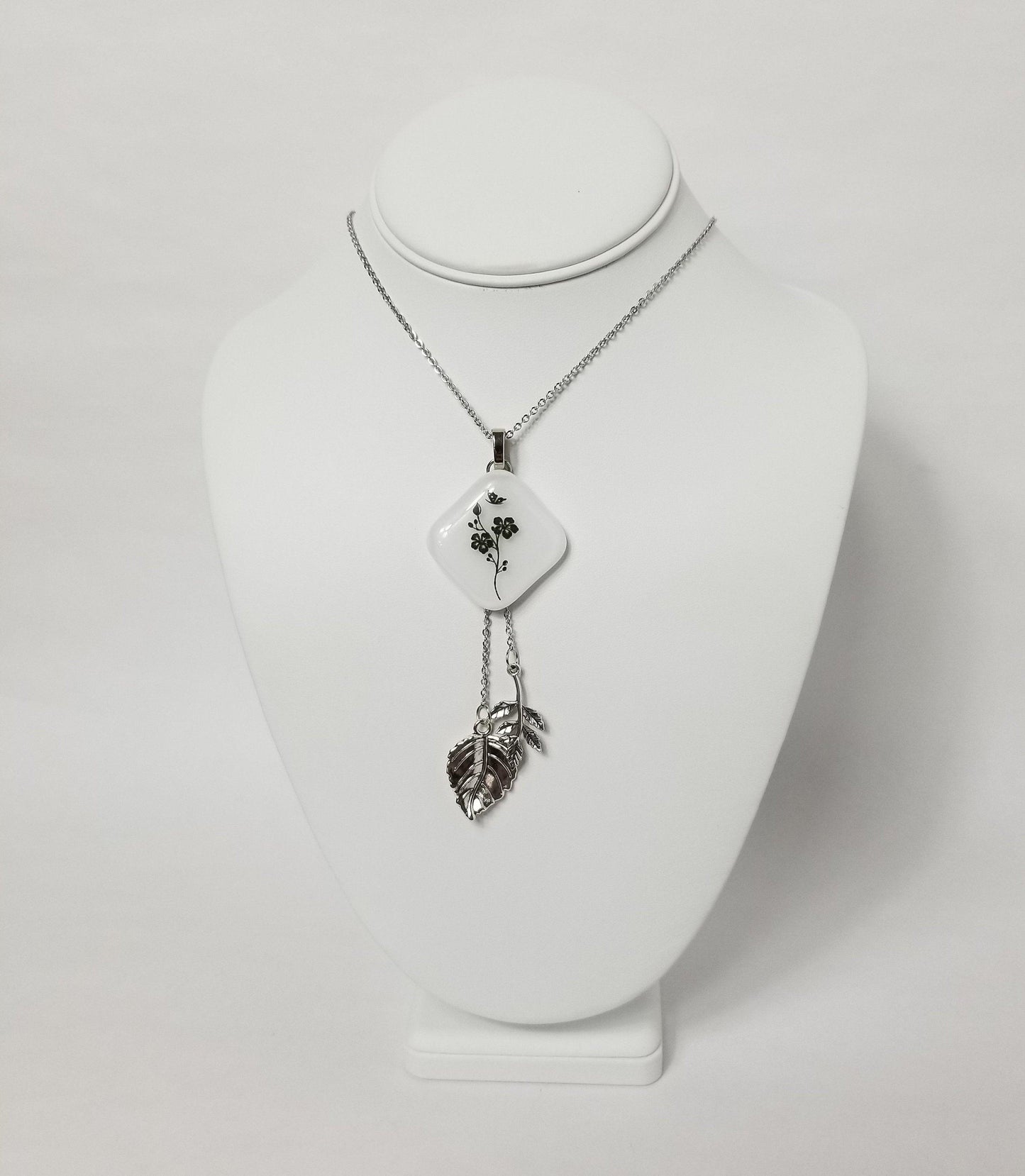 Flower Stem Nature Necklace, Fused Glass and Stainless steel chain and leaves from seeds glassworks