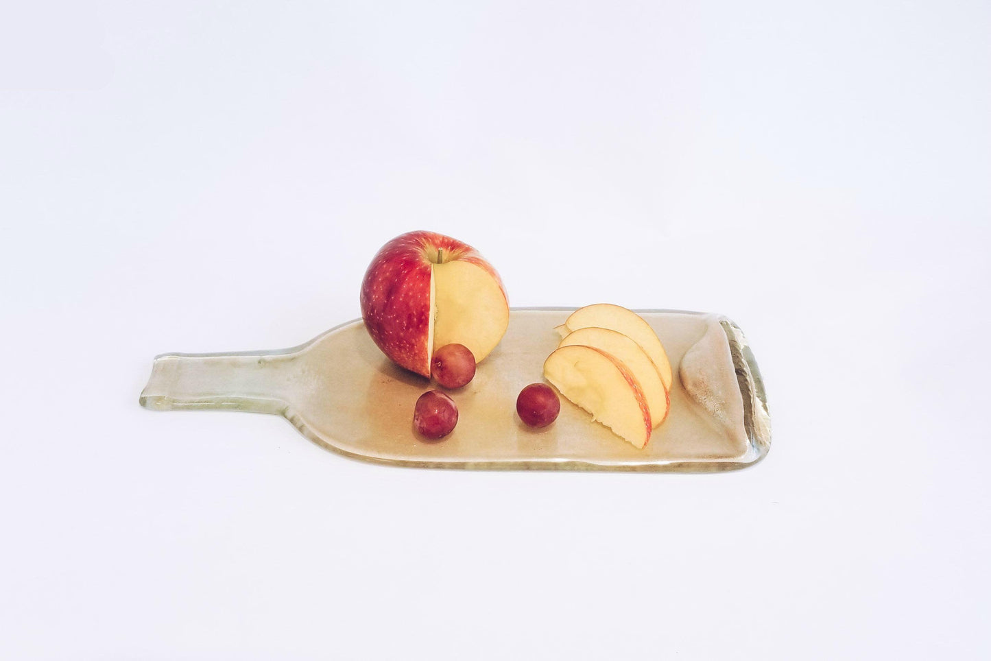 Melted Flat Wine Bottle with Mica Sparkes Cheeseplate, light gold splatter from seeds glassworks