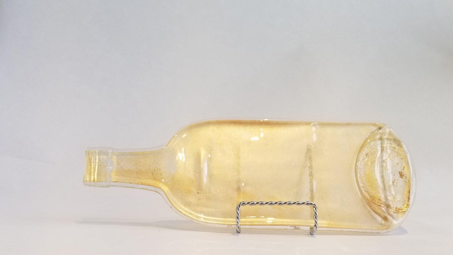 Melted Flat Wine Bottle with Mica Sparkes Cheeseplate, light gold splatter from seeds glassworks