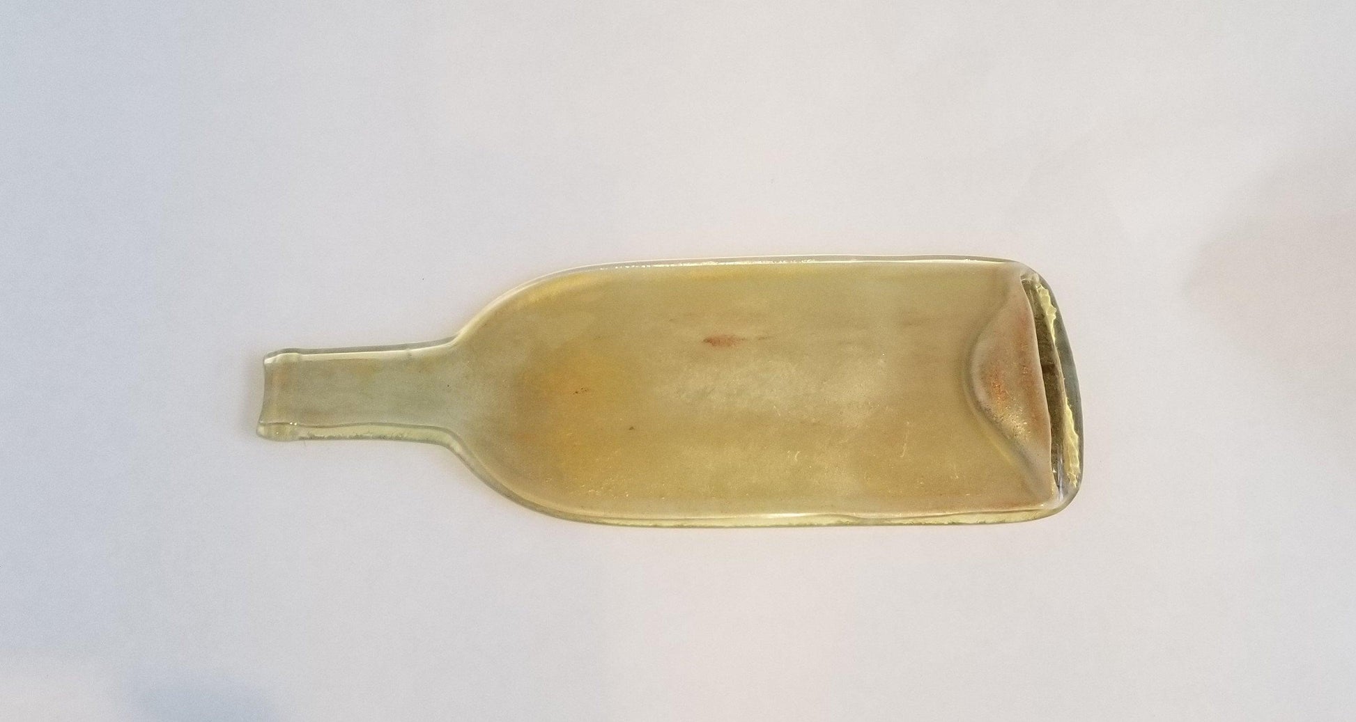 Melted Flat Wine Bottle with Mica Sparkes Cheeseplate, light gold splatter from seeds glassworks