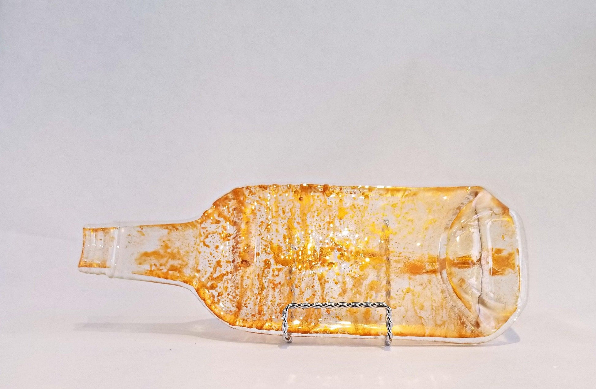 Melted Flat Wine Bottle with Mica Sparkes Cheeseplate, gold splatter from seeds glassworks
