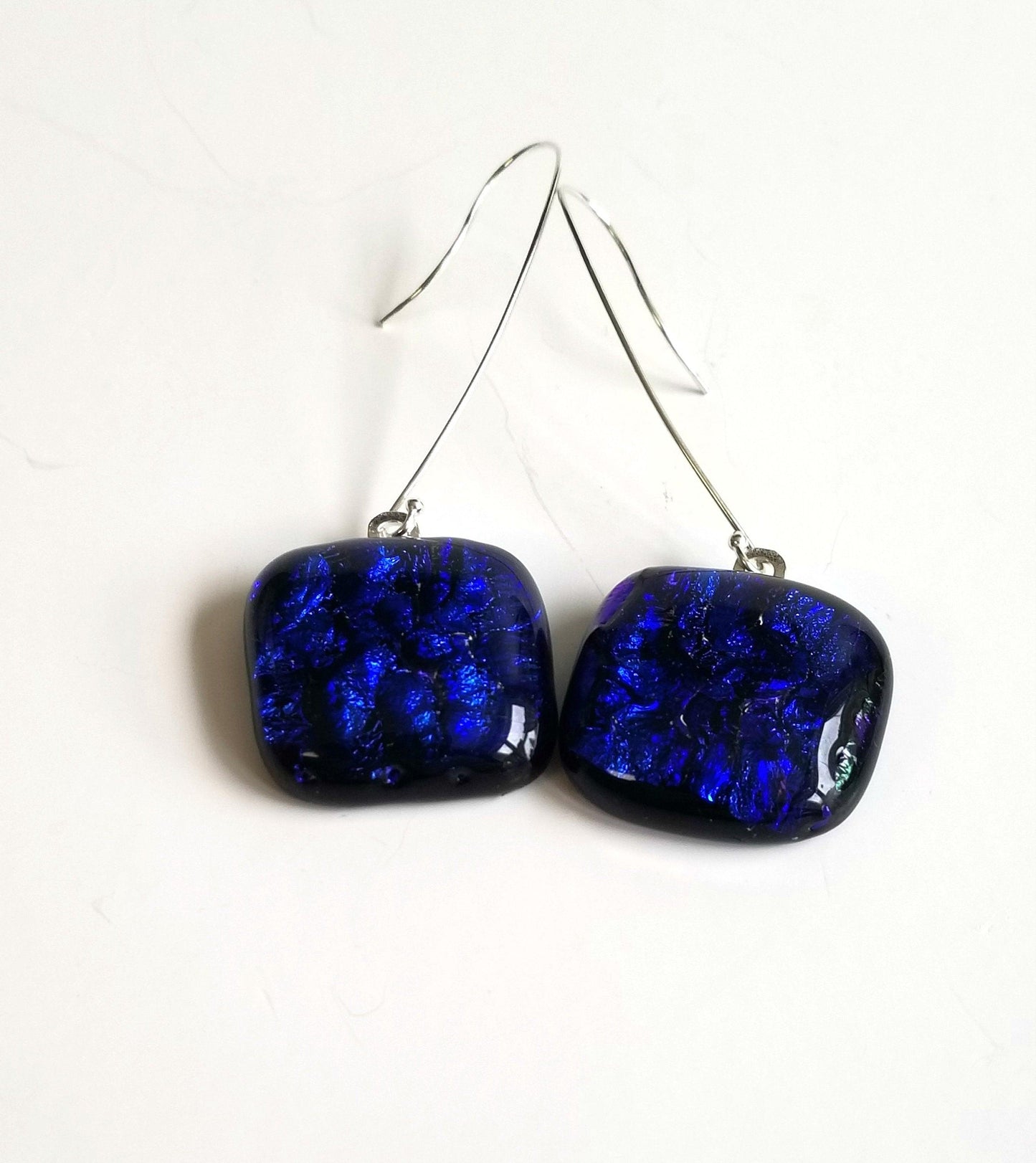 Dark Blue Drop  Fused Glass Pierced Earrings Sterling Silver. From Seeds Glassworks