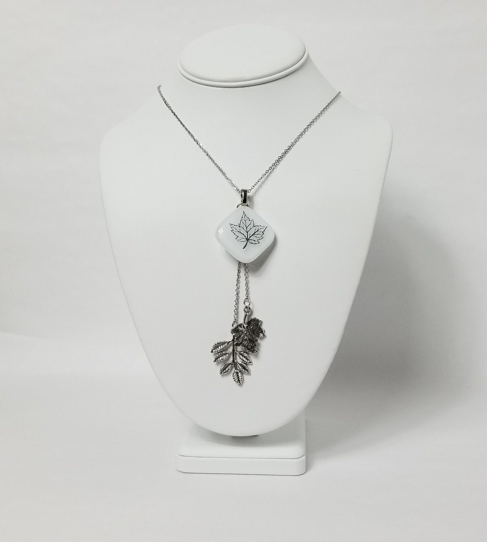 Maple Leaf Nature Necklace, Fused Glass and Stainless steel chain and leaves from seeds glassworks