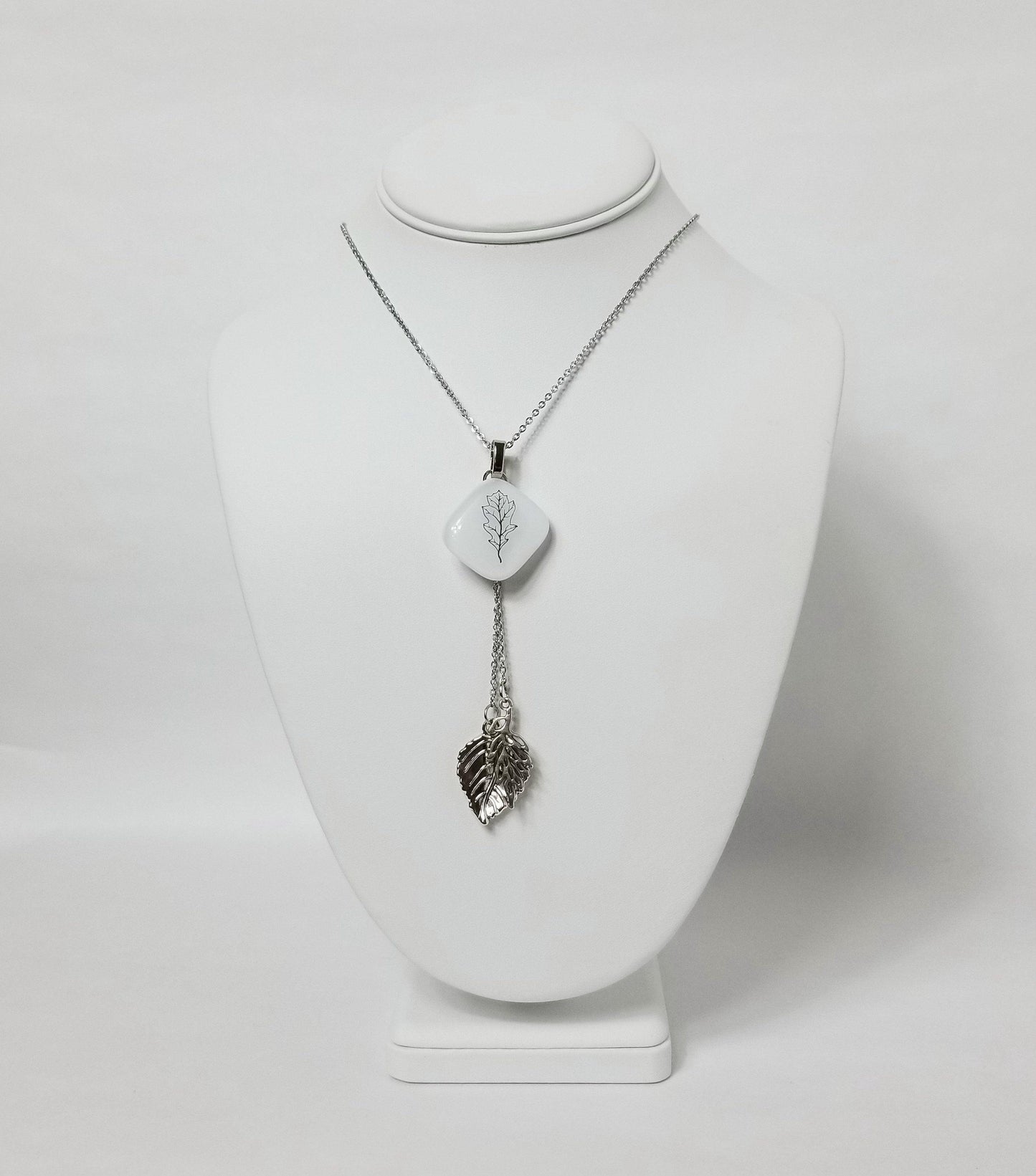 Oak Leaf Nature Necklace, Fused Glass and Stainless steel chain and leaves from seeds glassworks