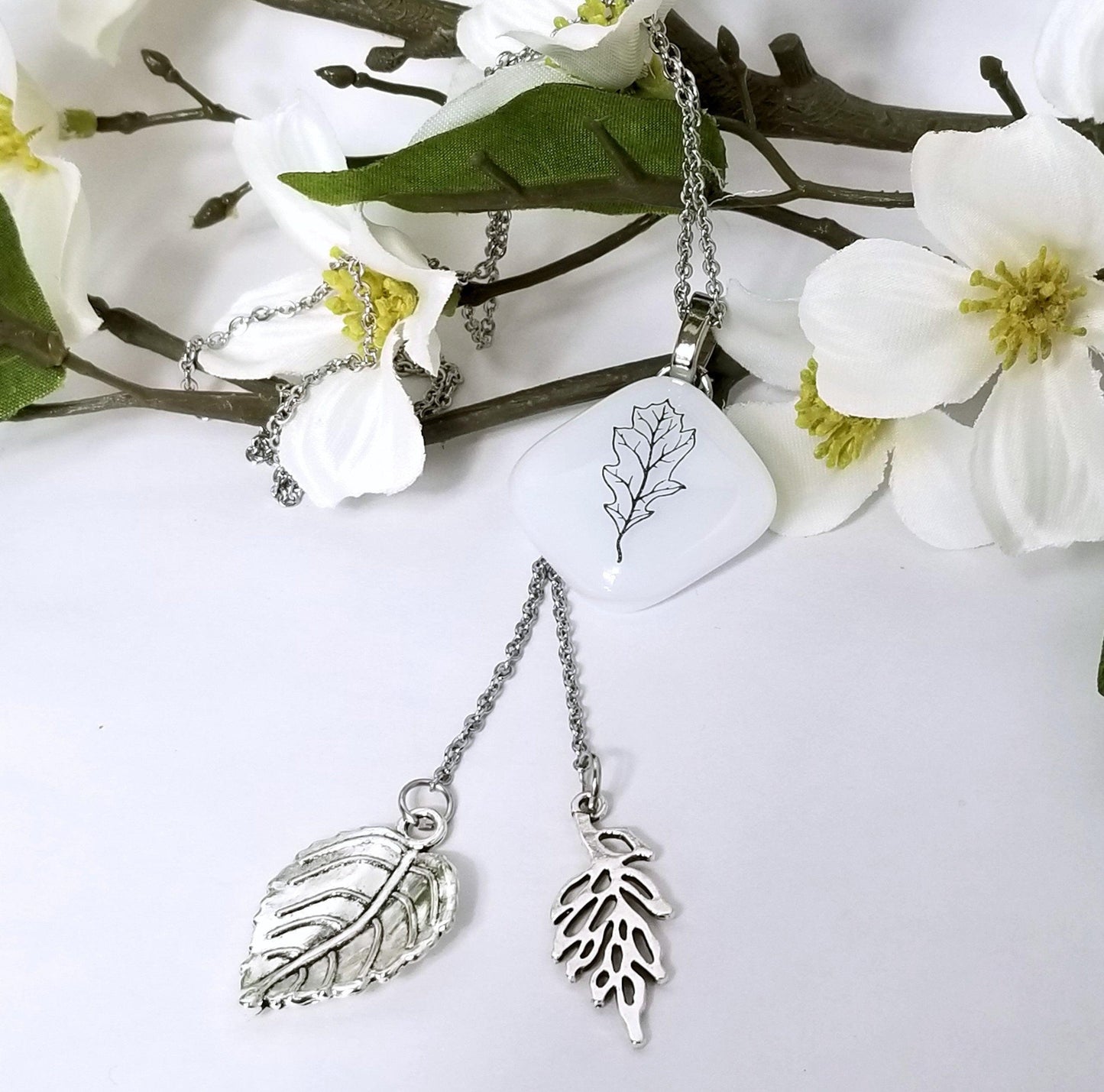 Oak Leaf Nature Necklace, Fused Glass and Stainless steel chain and leaves from seeds glassworks