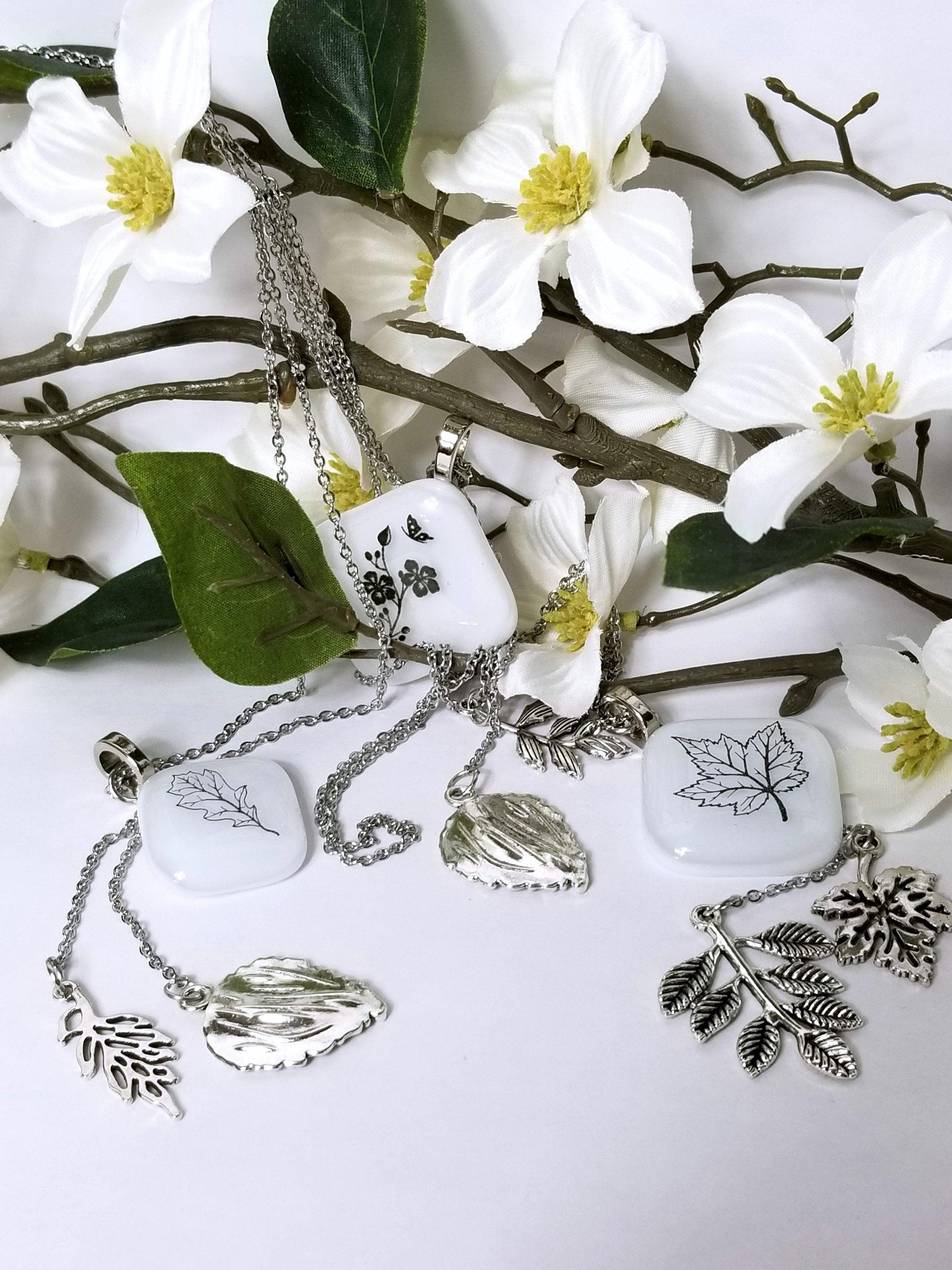 Flower Stem Nature Necklace, Fused Glass and Stainless steel chain and leaves from seeds glassworks