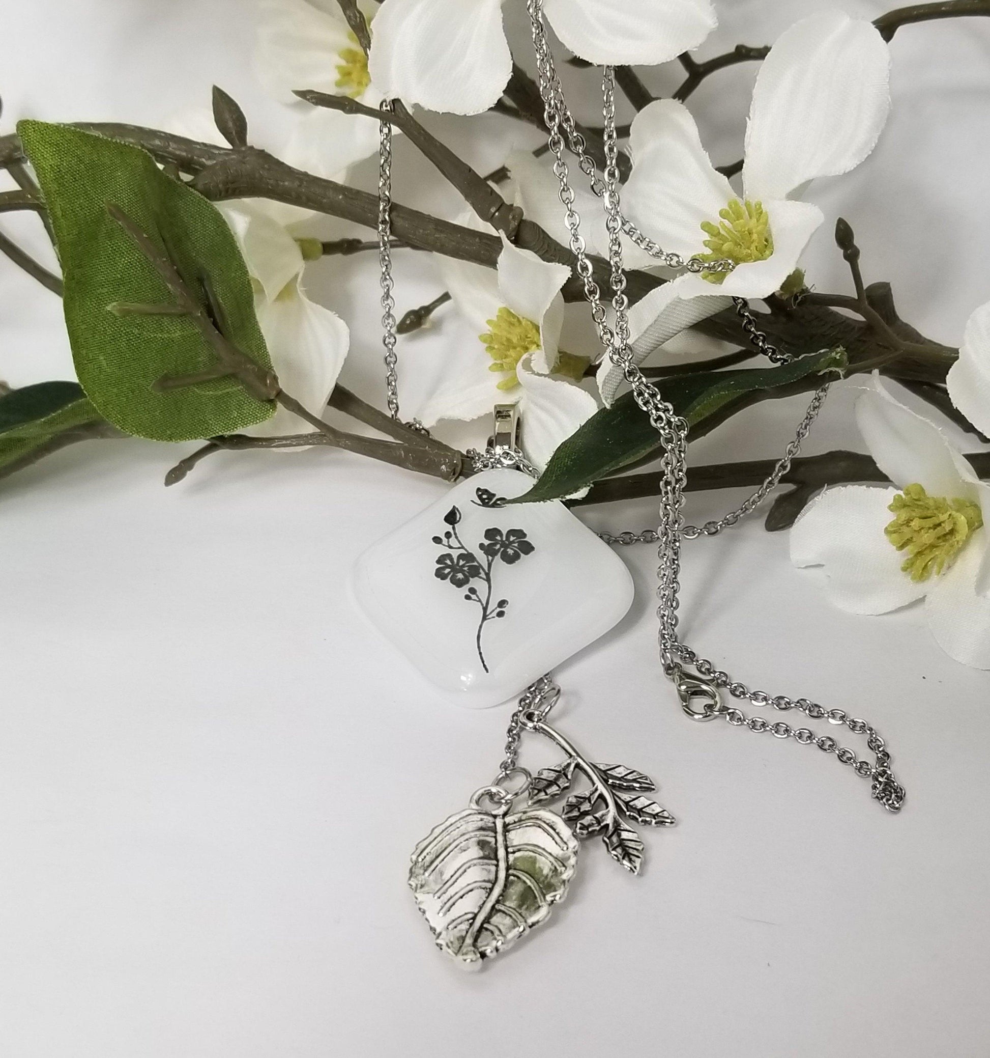 Flower Stem Nature Necklace, Fused Glass and Stainless steel chain and leaves from seeds glassworks